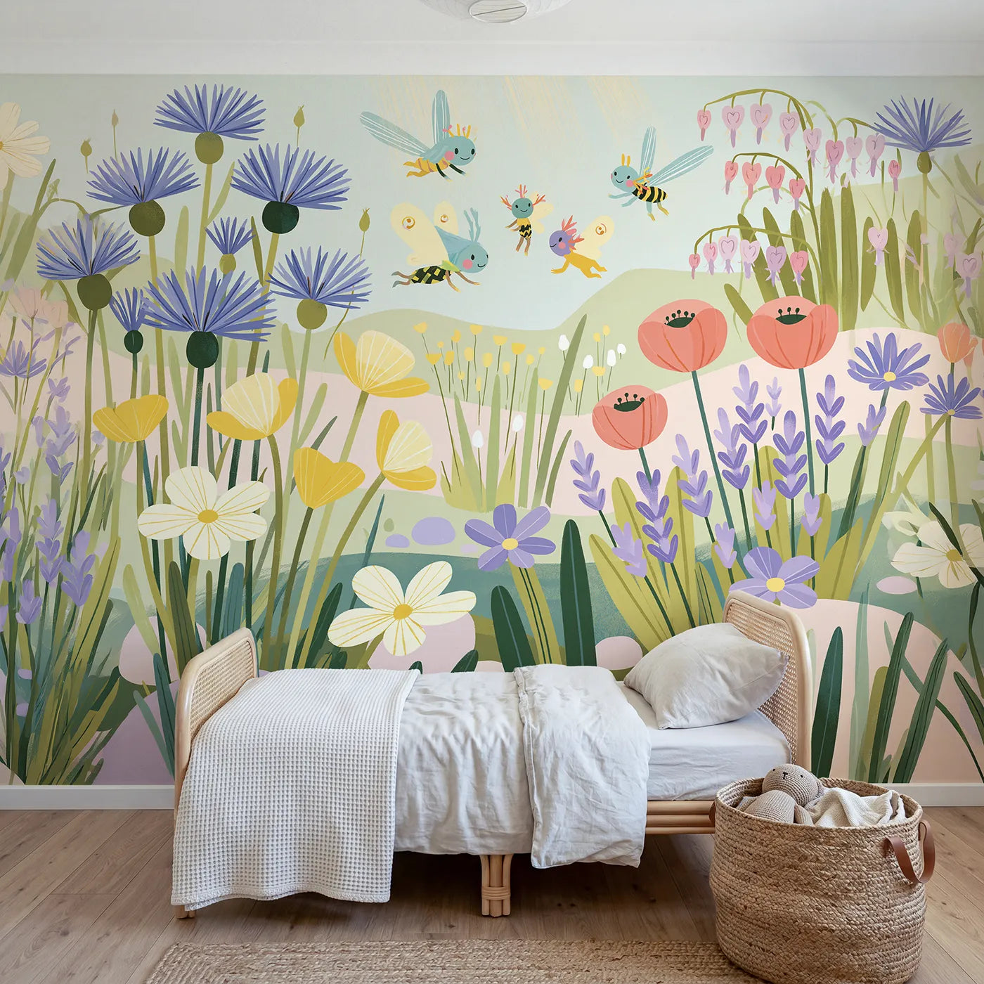 Gouache wall mural of garden sprites among folk blooms on blush by Whimsy Tots