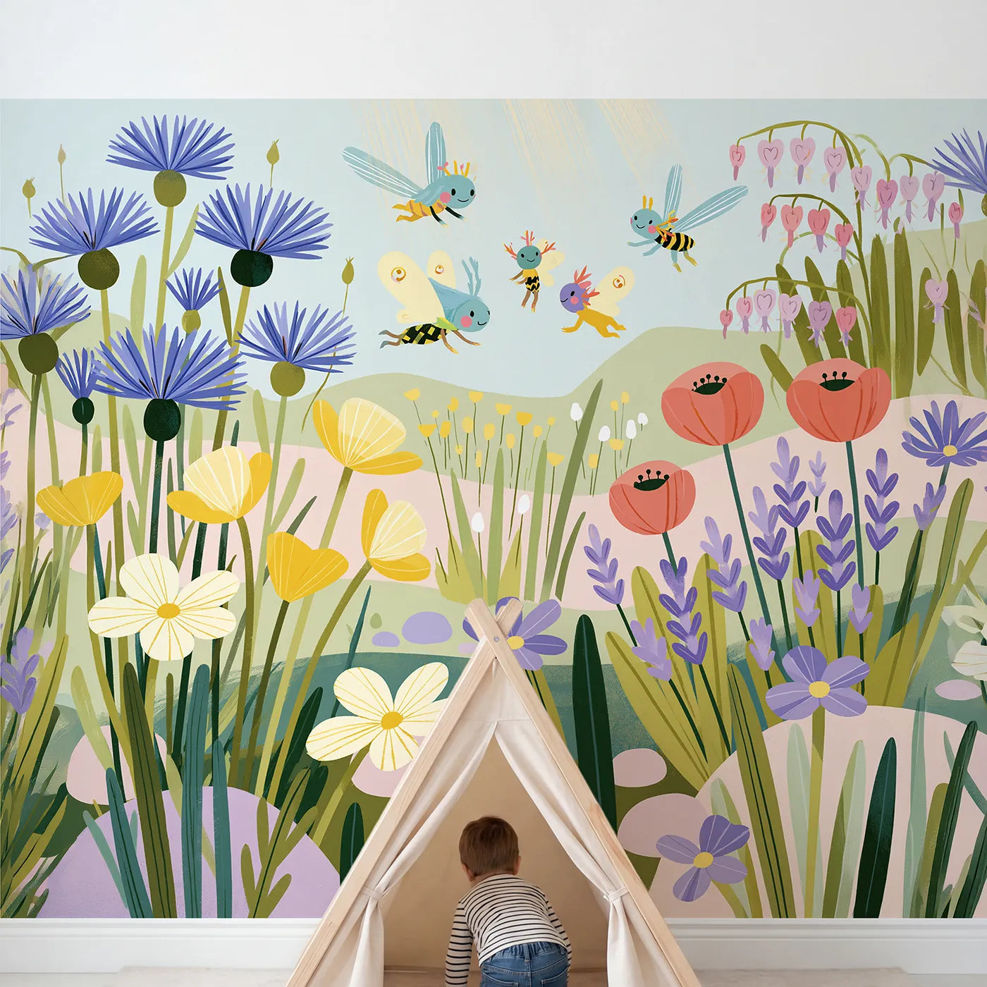 Child in nursery with Folk Garden Sprites Wallpaper Mural by Whimsy Tots