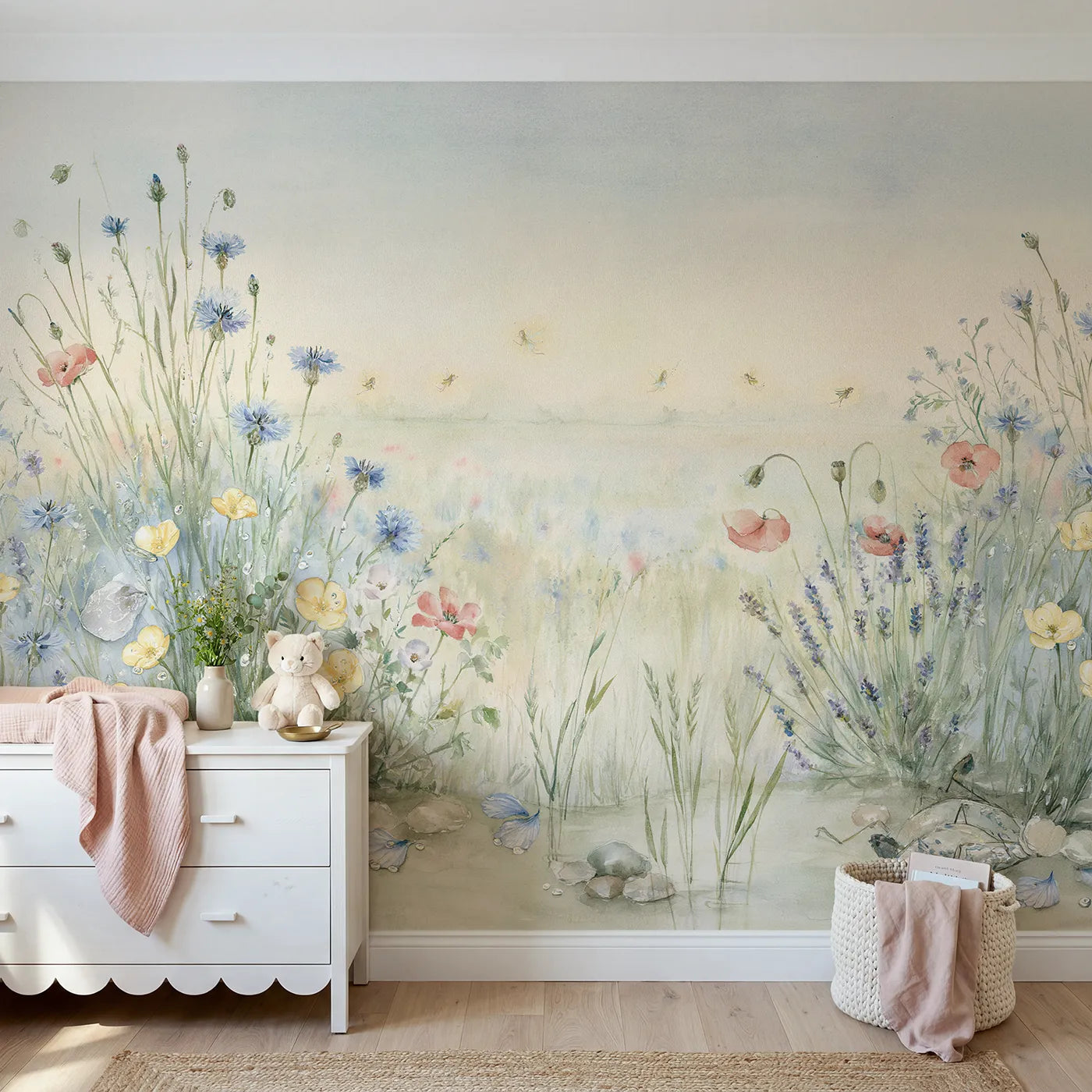 Watercolor wall mural of fairies waking in dewy wildflowers on sage by Whimsy Tots