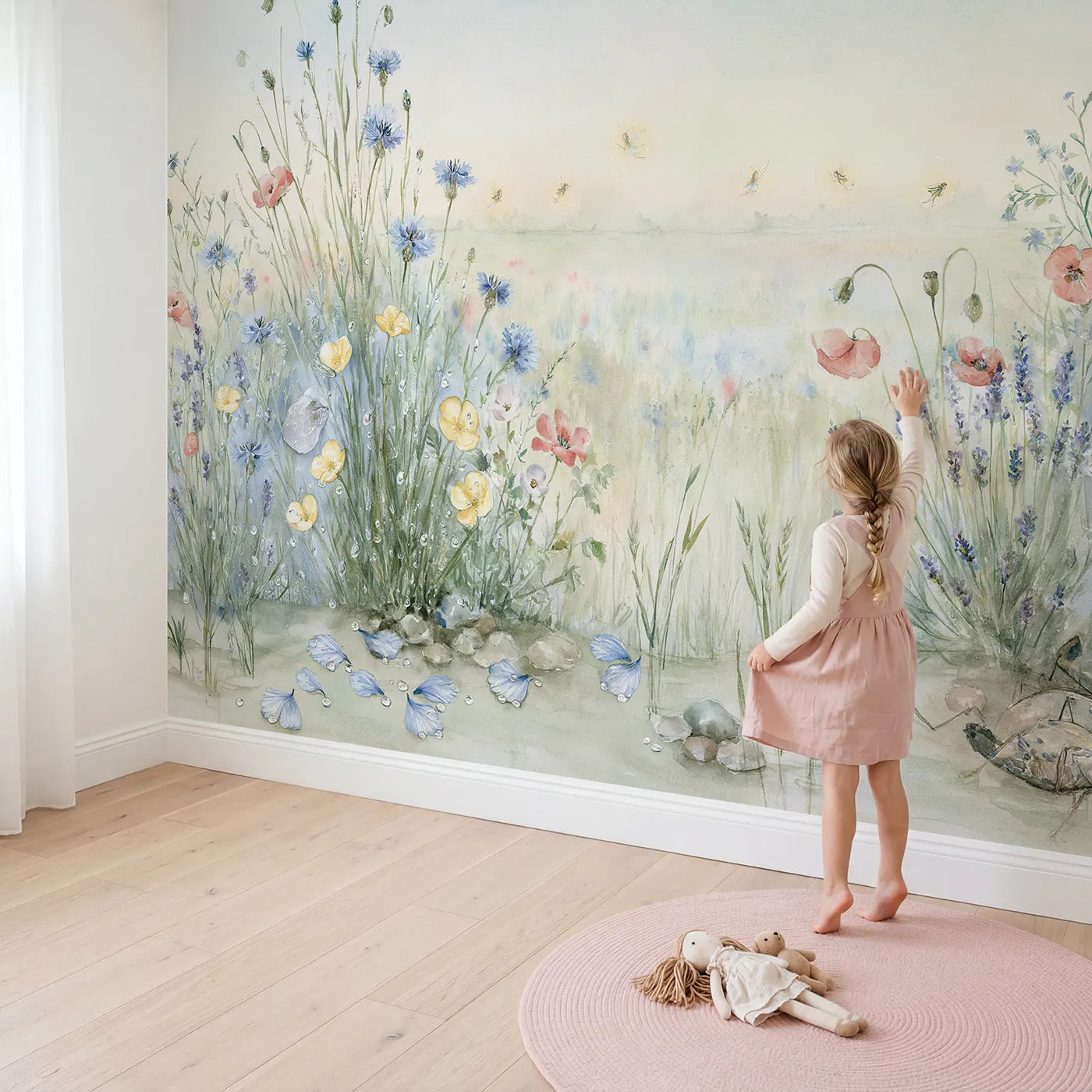 Child in nursery with Dewy Morning Fairies Wallpaper Mural by Whimsy Tots