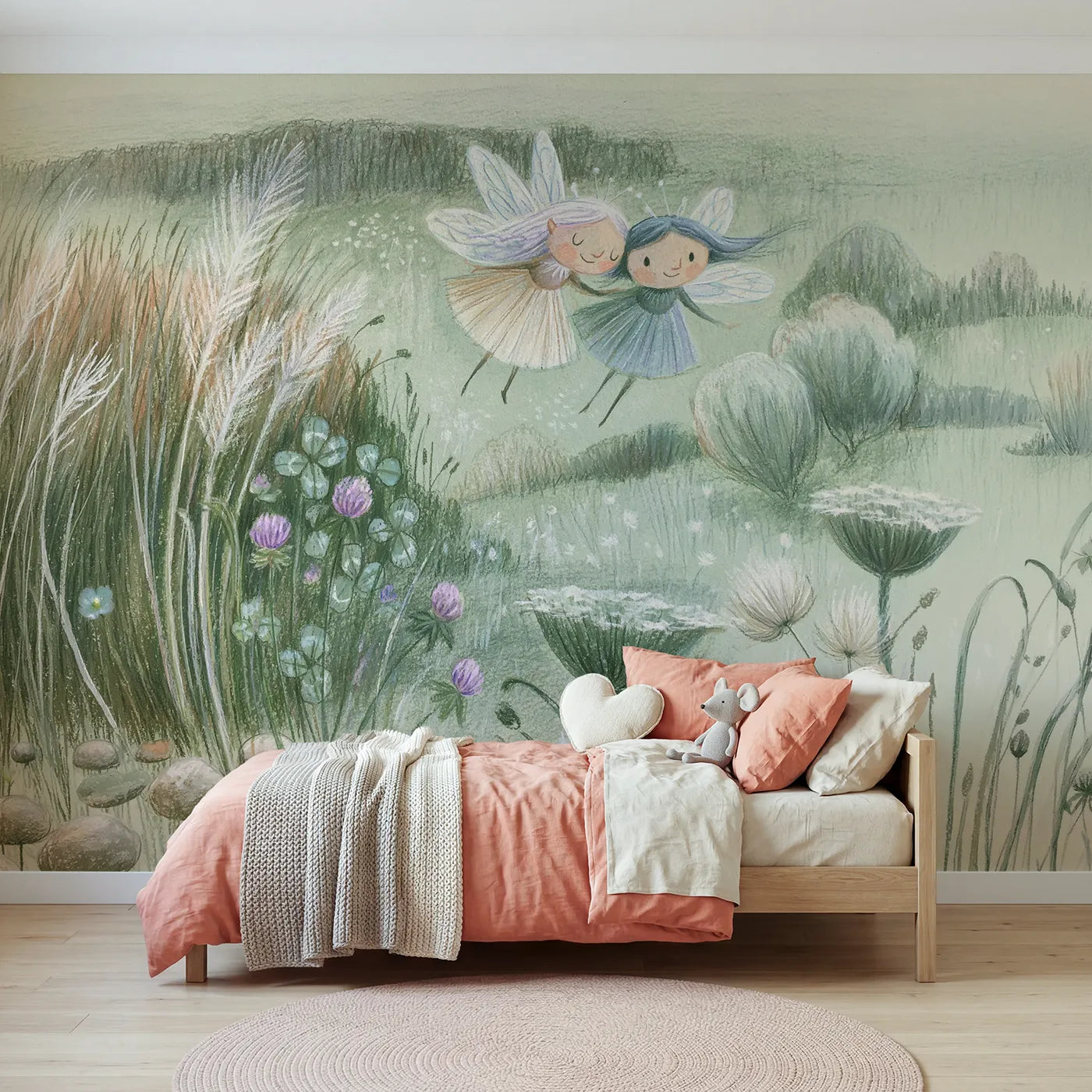 Colored pencil wall mural of pixies over a meadow on pale sage by Whimsy Tots