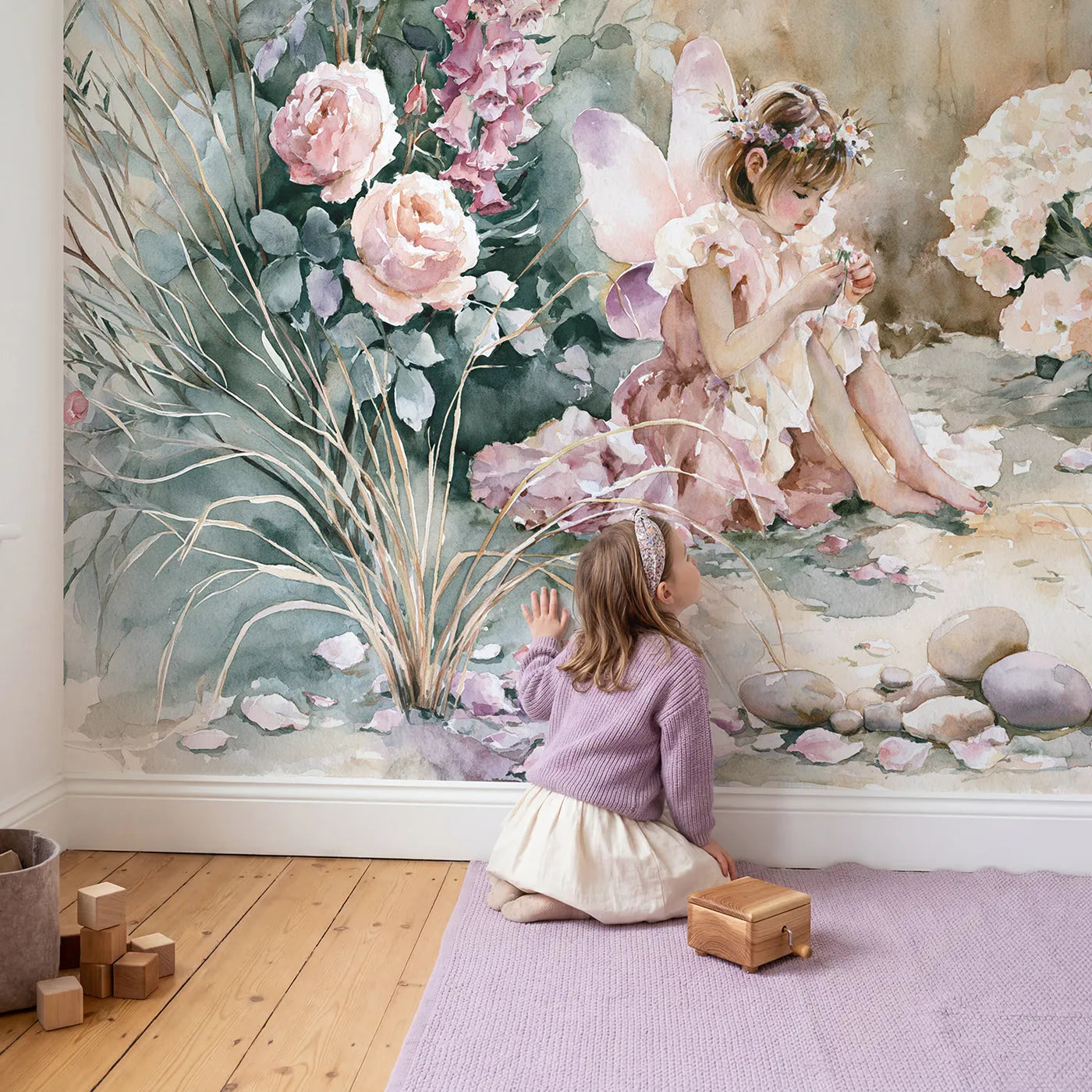 Child in nursery with Fairy Flower Crown Wallpaper Mural by Whimsy Tots
