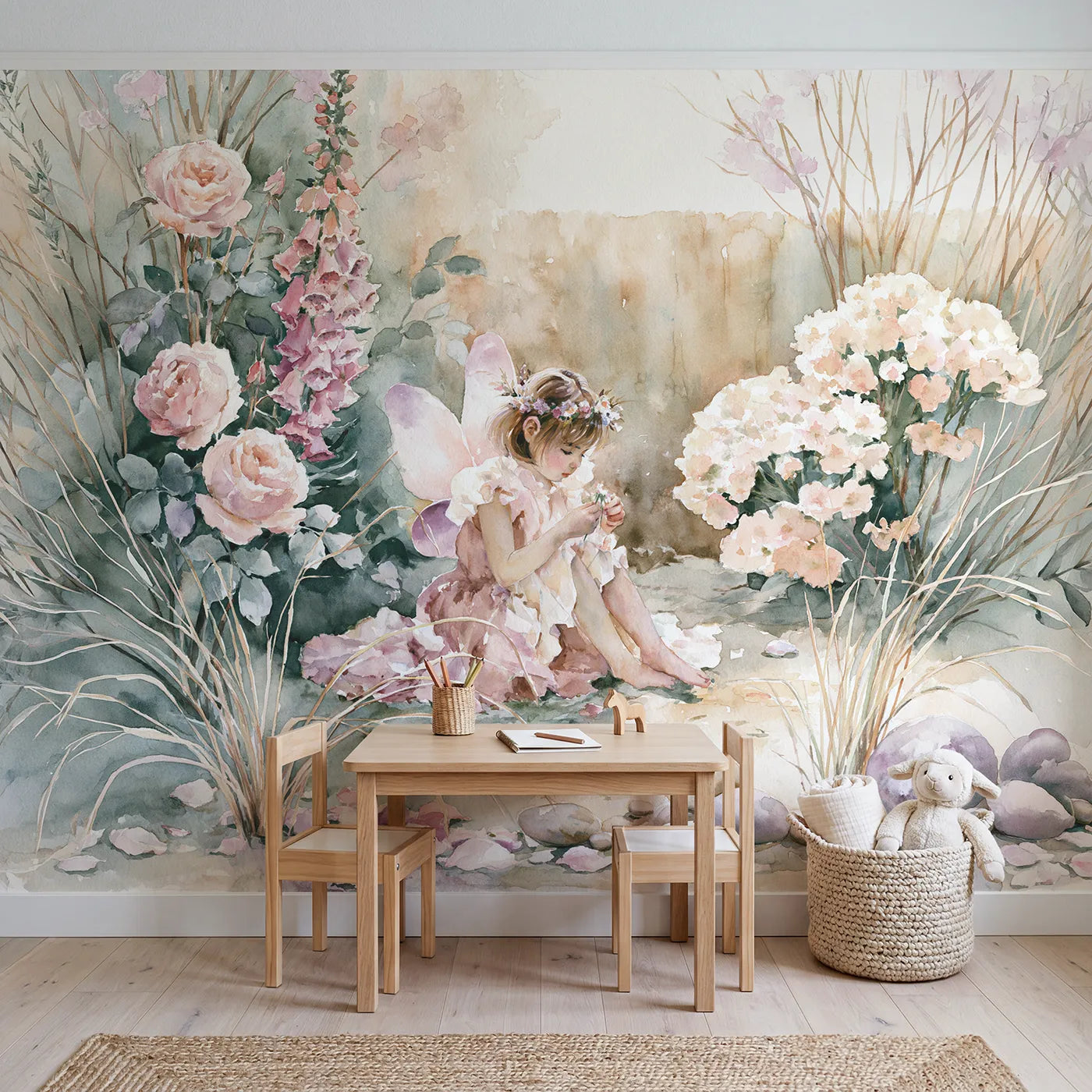 Fairy Flower Crown Wallpaper Mural in playroom setting by Whimsy Tots