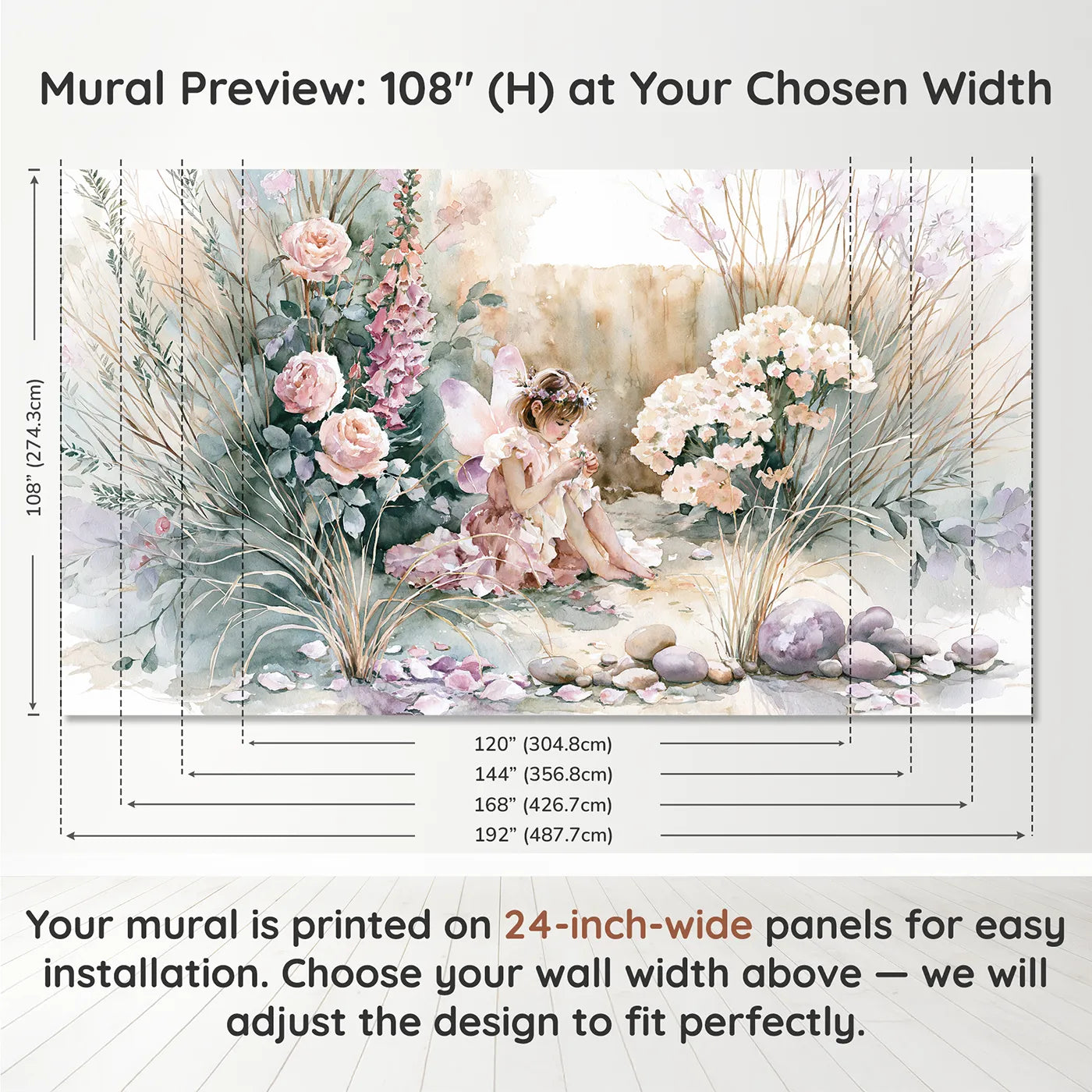 Panel layout and dimensions for Fairy Flower Crown Wallpaper Mural by Whimsy Tots