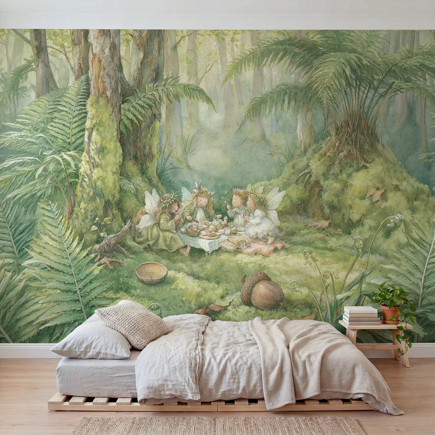 Storybook wall mural of a fairy picnic on mossy ground on pale sage by Whimsy Tots