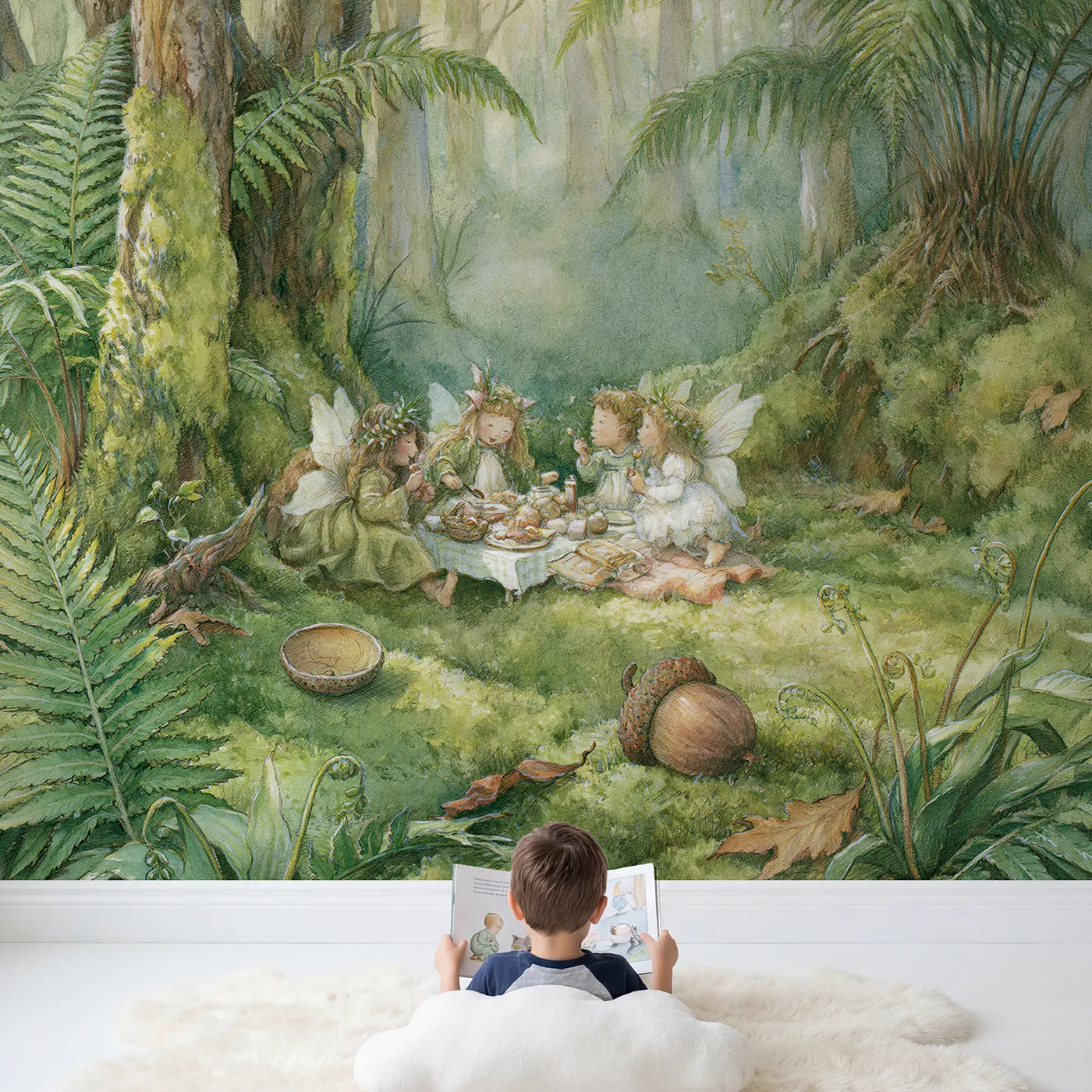 Child in nursery with Woodland Fairy Picnic Wallpaper Mural by Whimsy Tots