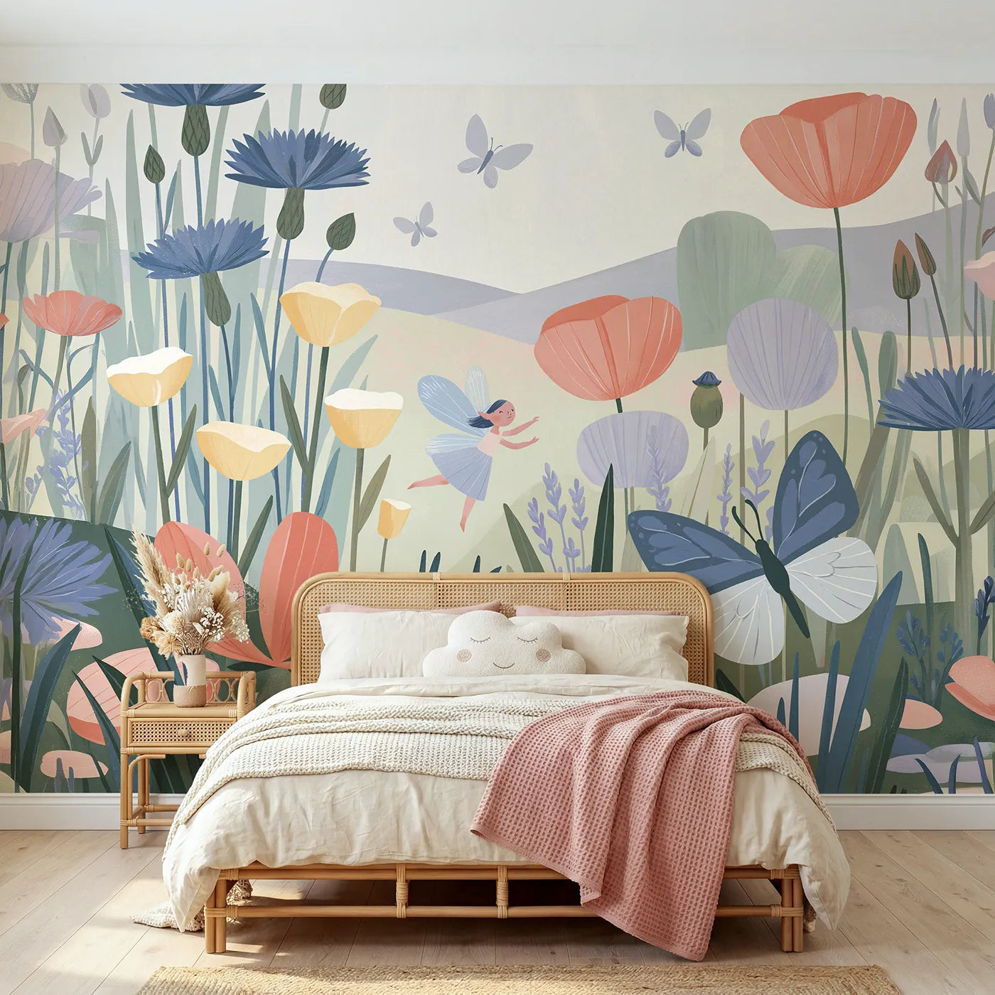 Gouache wall mural of a fairy dancing with folk butterflies on blush by Whimsy Tots