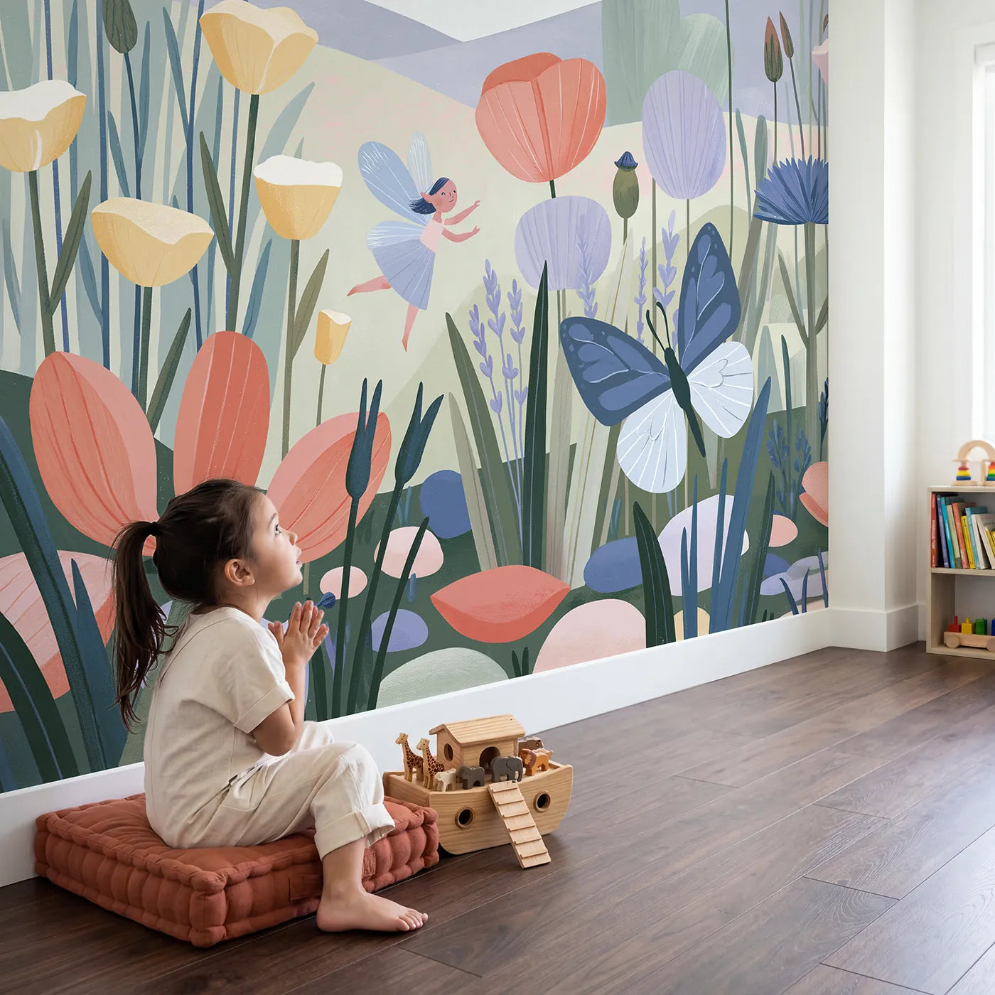 Child in nursery with Folk Butterfly Dance Wallpaper Mural by Whimsy Tots