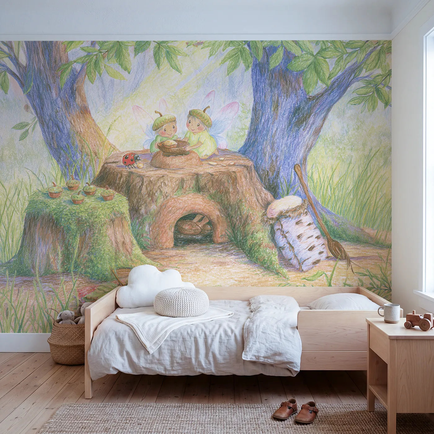 Colored Pencil fairies baking muffins at a stump oven, mural for a shared kids room by Whimsy Tots