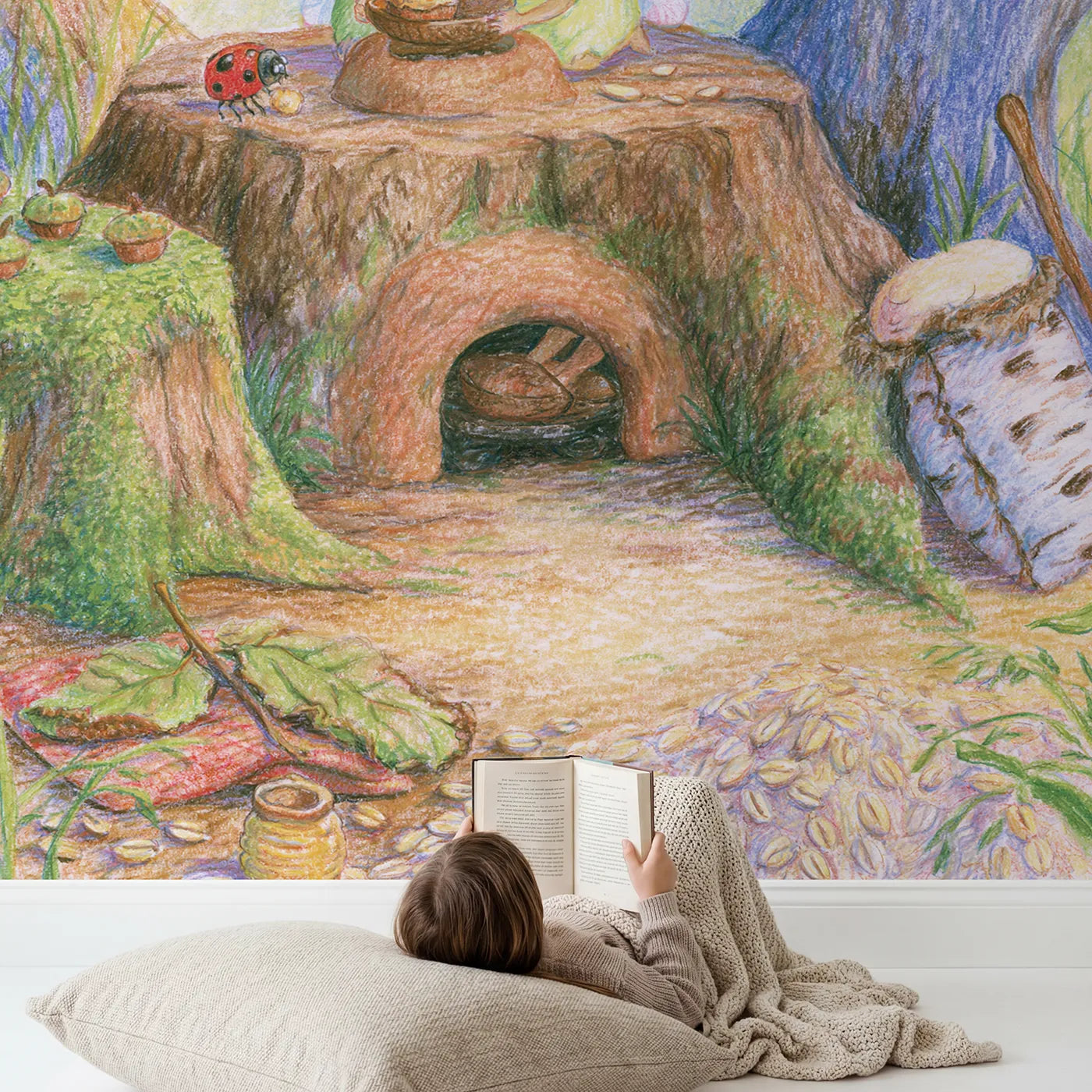 Child in nursery with The Fairy Stump Bakery Wallpaper Mural by Whimsy Tots