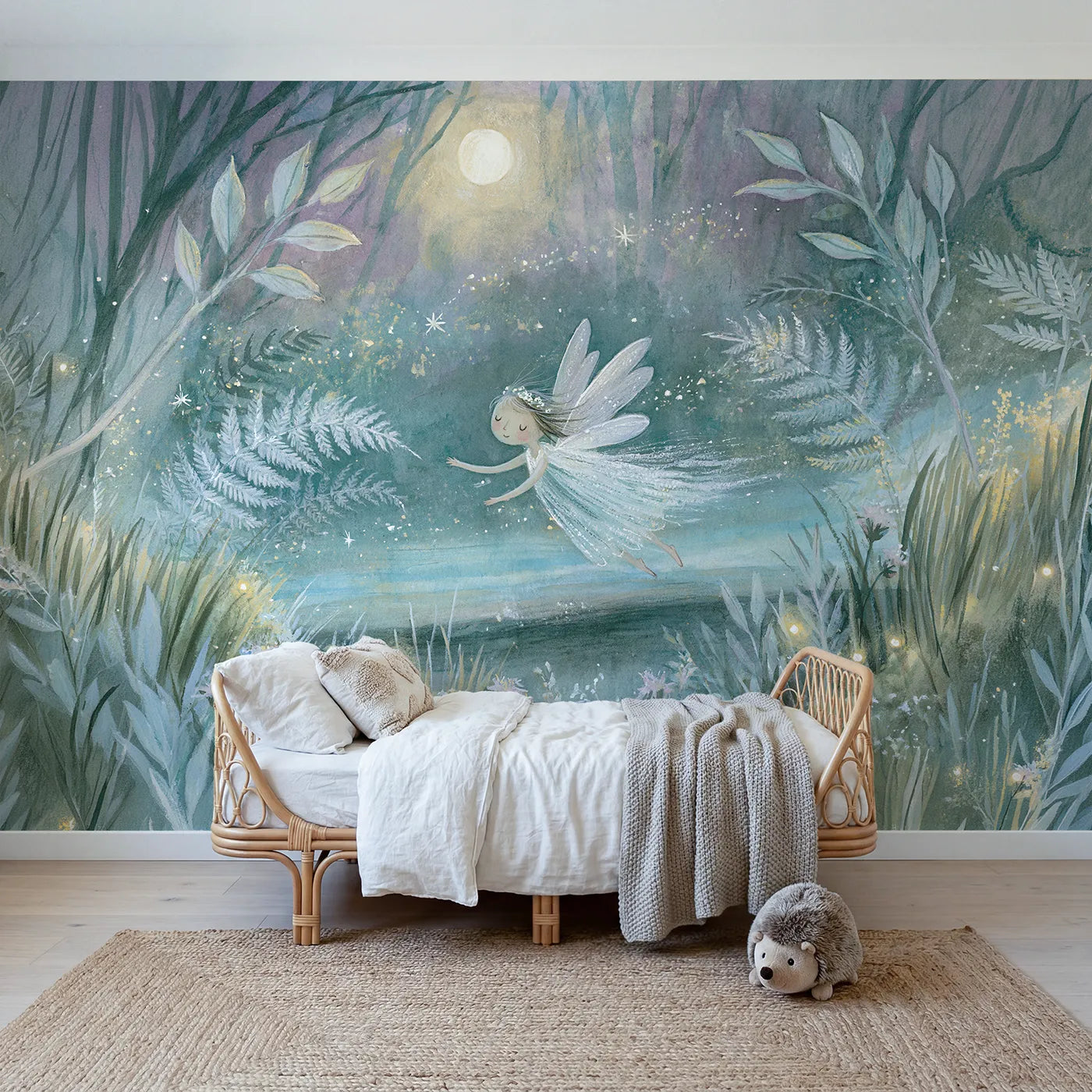 Storybook wall mural of a gentle moonlight fairy on cool cream by Whimsy Tots