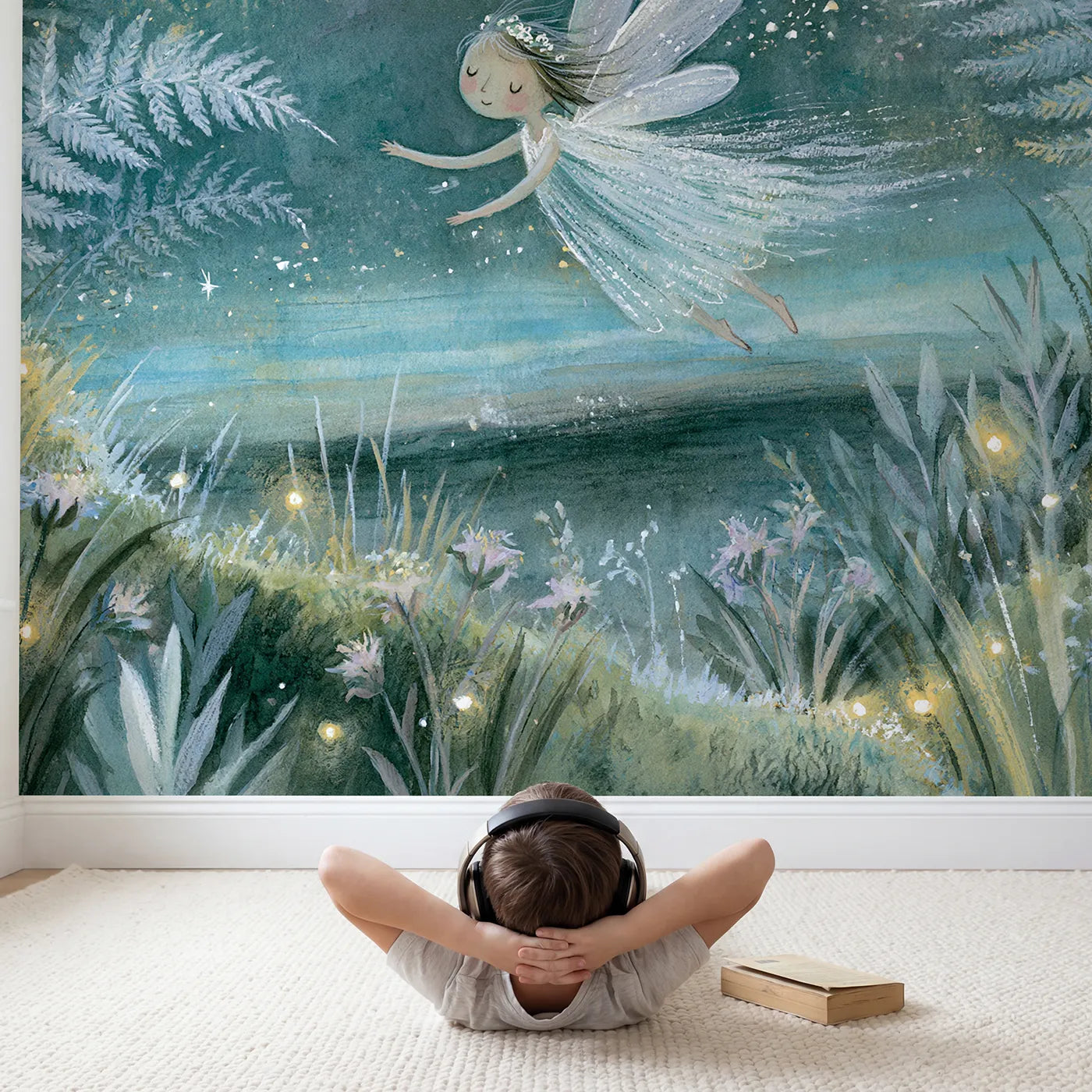 Child in nursery with Gentle Moonlight Fairy Wallpaper Mural by Whimsy Tots