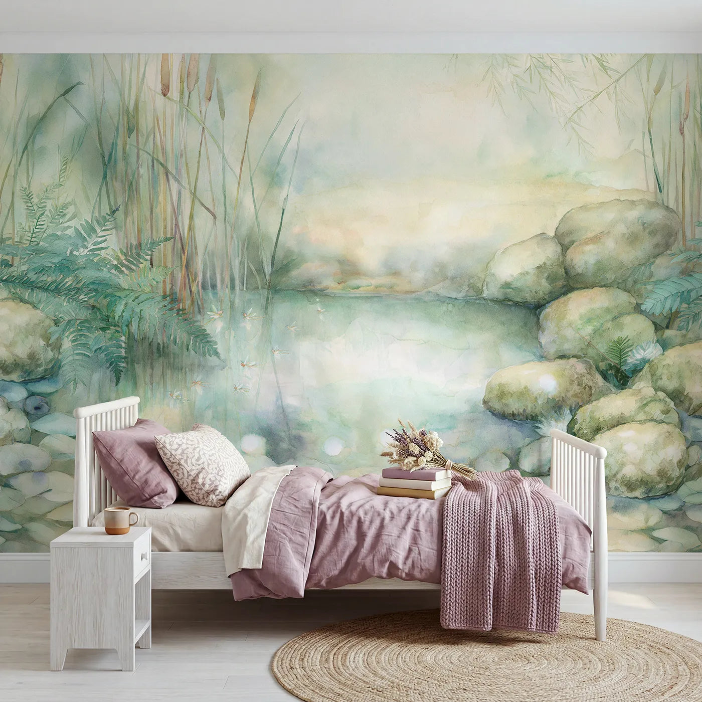 Watercolor wall mural of fairies skimming a glowing pond on cool cream by Whimsy Tots
