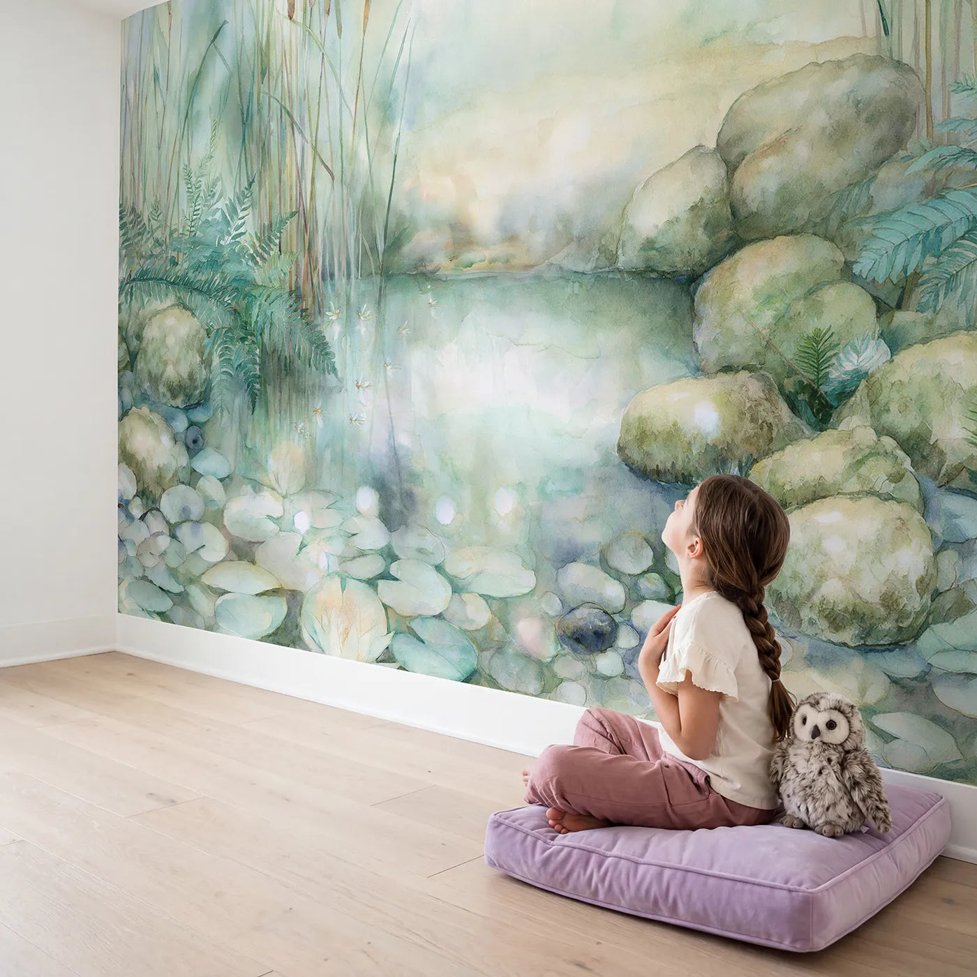 Child in nursery with Glowing Fairy Pond Wallpaper Mural by Whimsy Tots