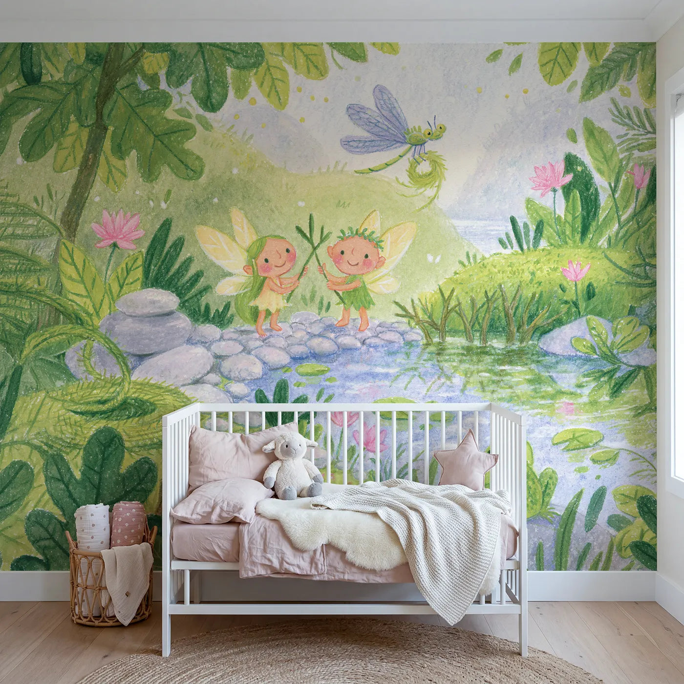 Colored Pencil fairies building a twig bridge over a brook, mural for a playroom by Whimsy Tots