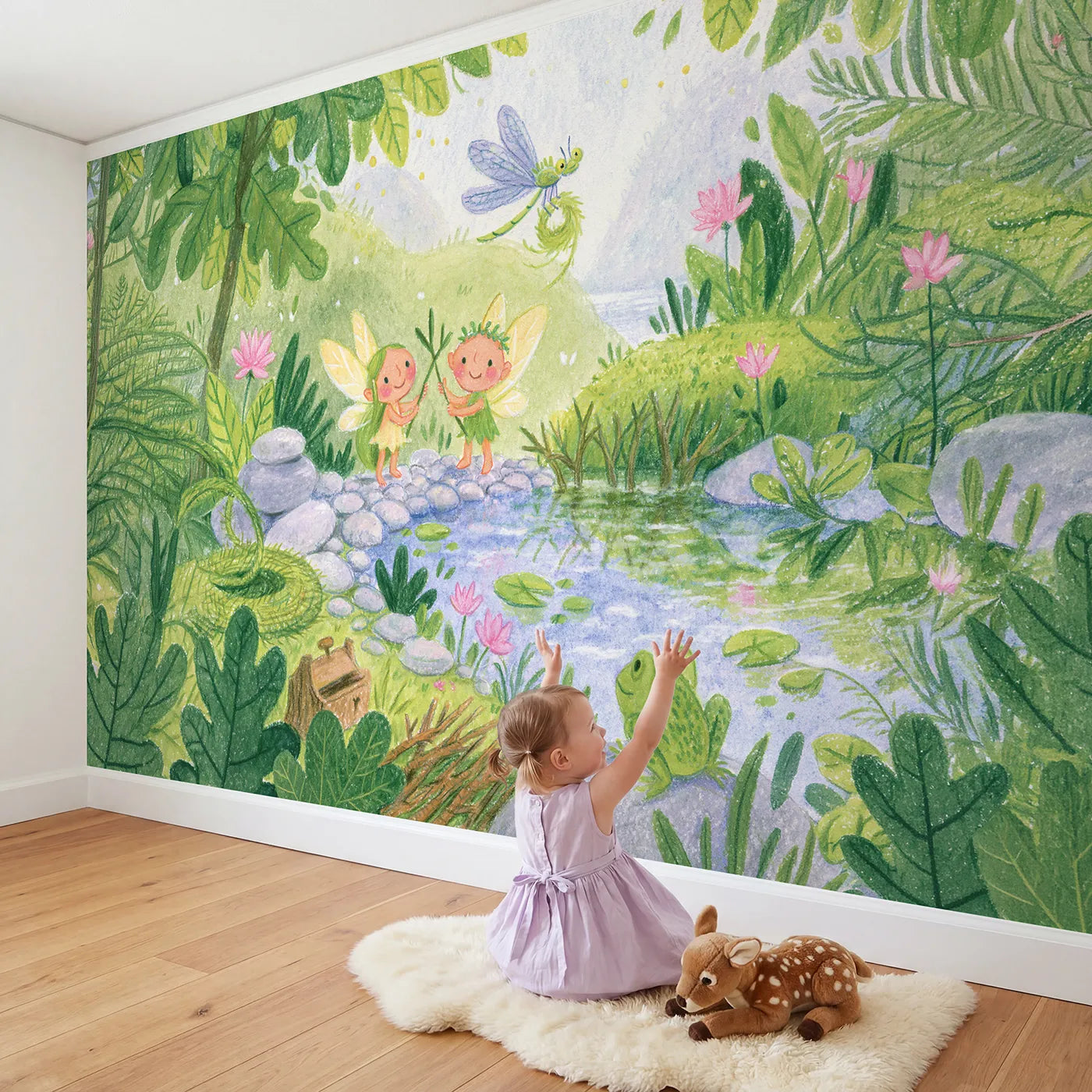 Child in nursery with Fairy Brook Bridge Wallpaper Mural by Whimsy Tots