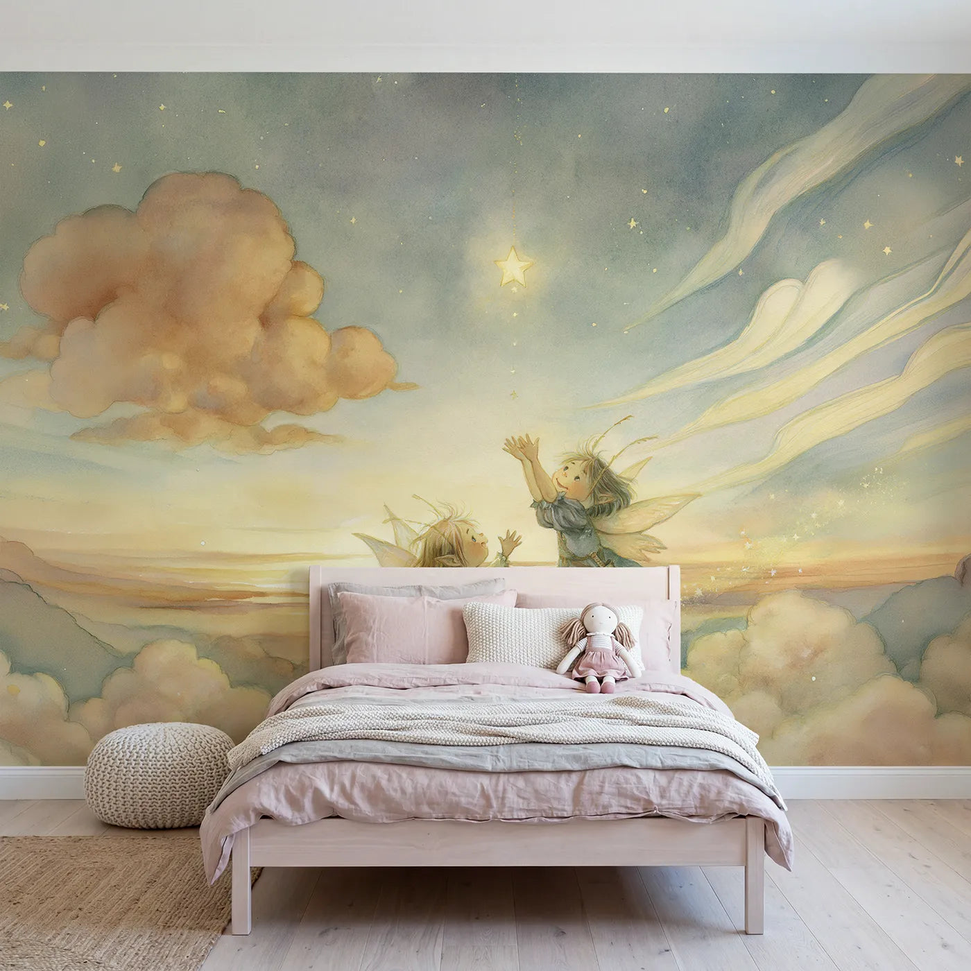 Storybook wall mural of fairies catching a wishing star on warm cream by Whimsy Tots