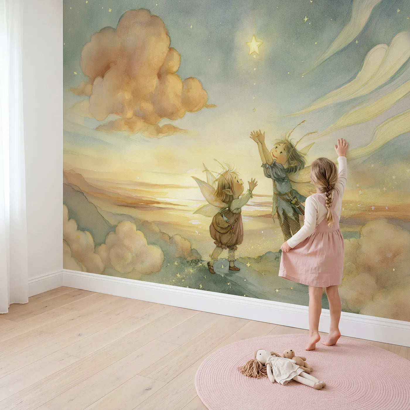 Child in nursery with Wishing Star Friends Wallpaper Mural by Whimsy Tots