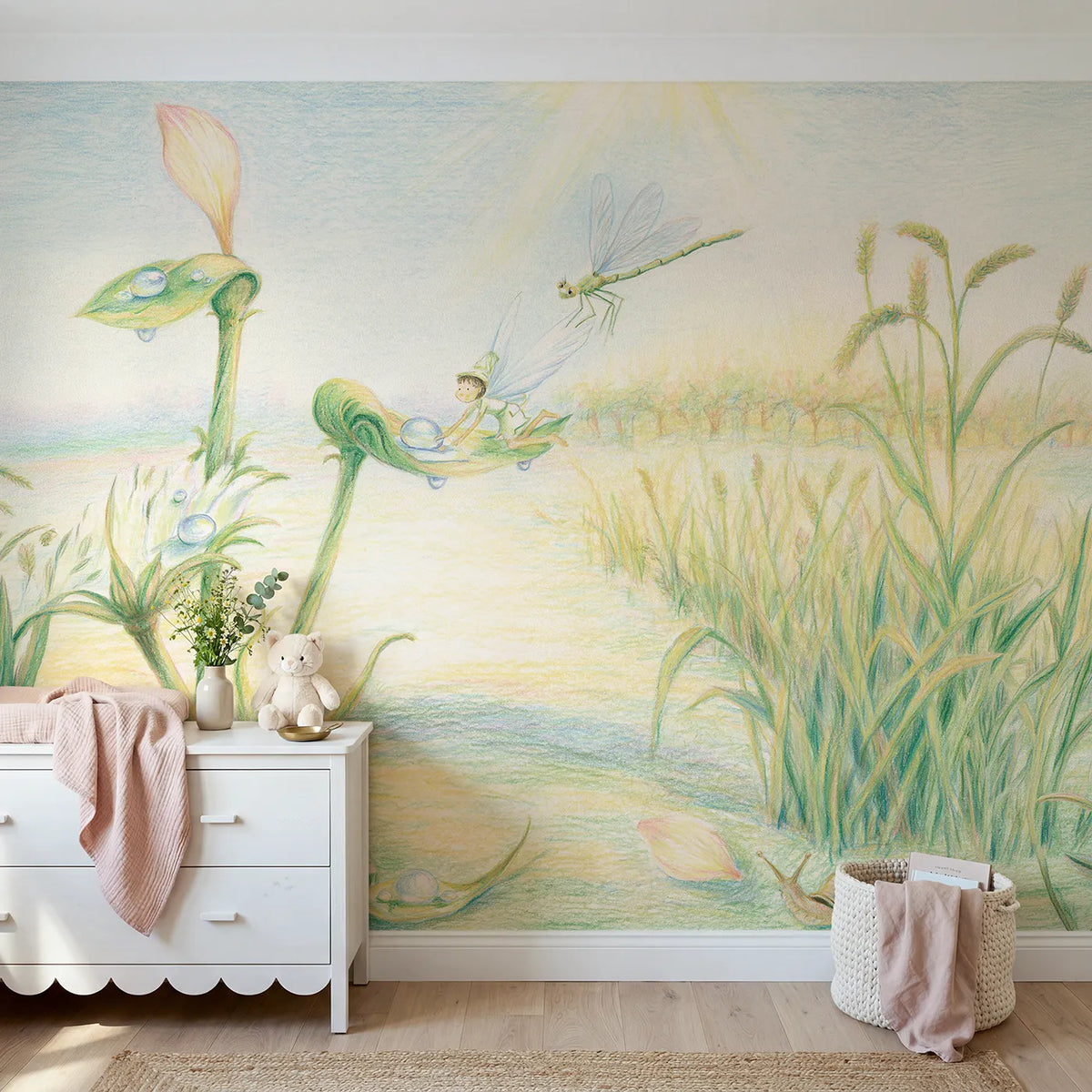 Colored Pencil fairy postman on a dragonfly delivering post, mural for a playroom by Whimsy Tots
