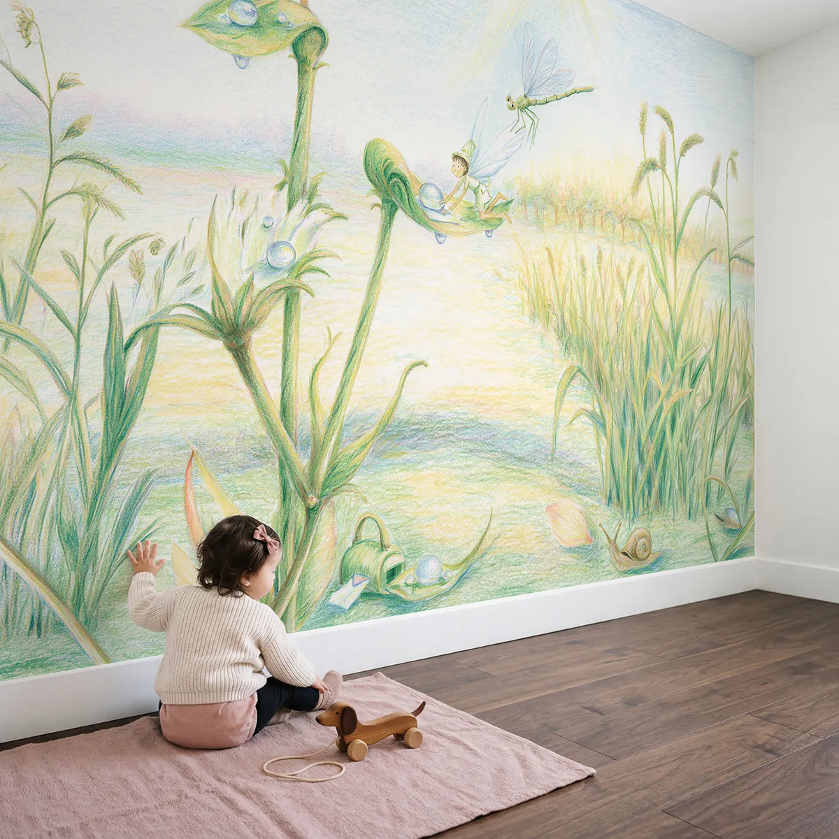 Child in nursery with Fairy Dewdrop Post Wallpaper Mural by Whimsy Tots