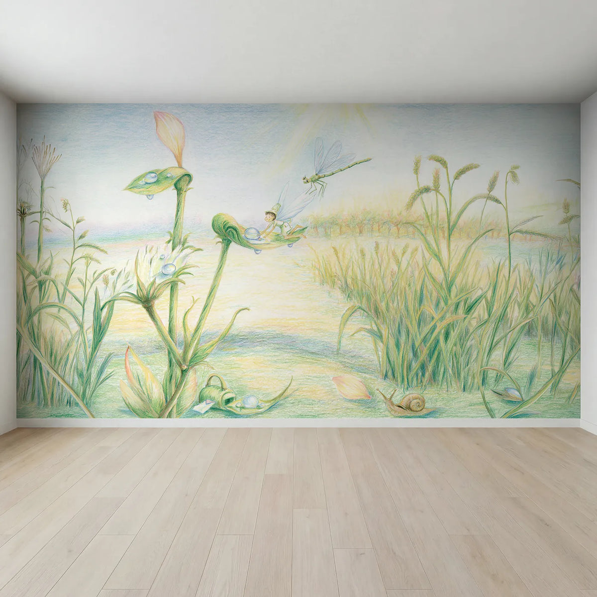Full view of Fairy Dewdrop Post Wallpaper Mural by Whimsy Tots