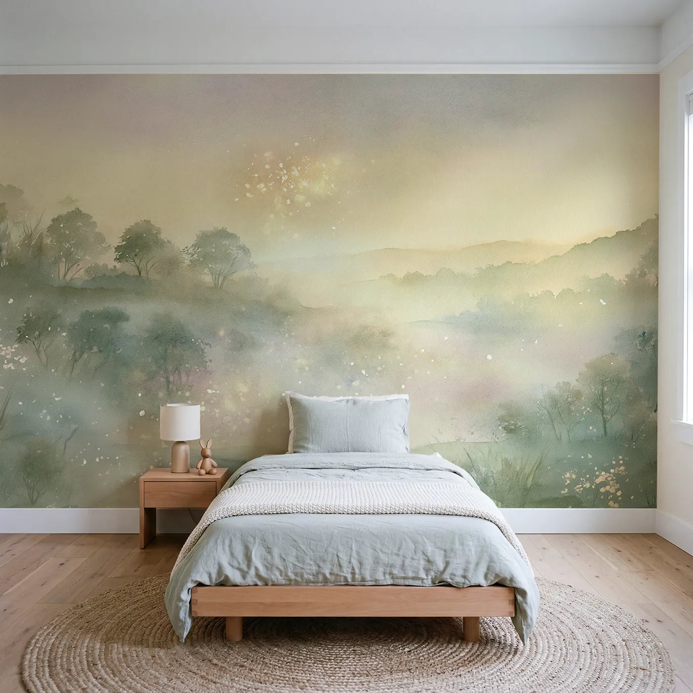 Watercolor wall mural of floating fairy lights at twilight on warm cream by Whimsy Tots