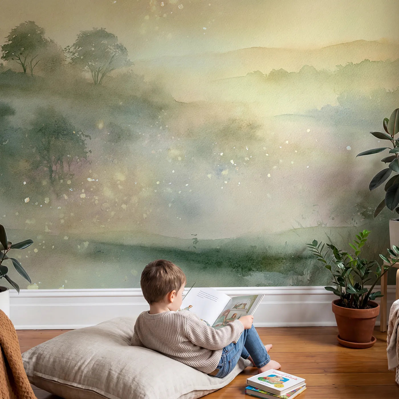 Child in nursery with Twilight Fairy Lights Wallpaper Mural by Whimsy Tots