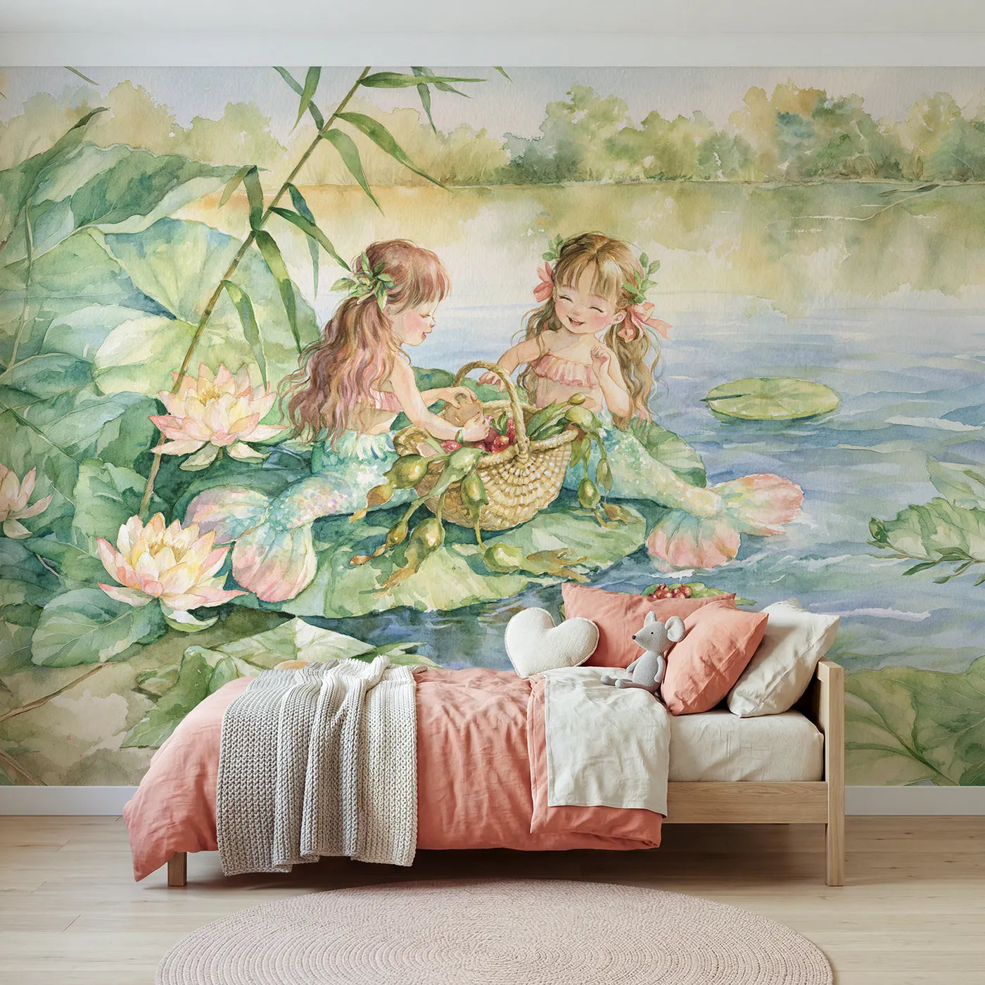 Watercolor mermaids picnicking on a lily-pad rock, mural for a shared kids room by Whimsy Tots