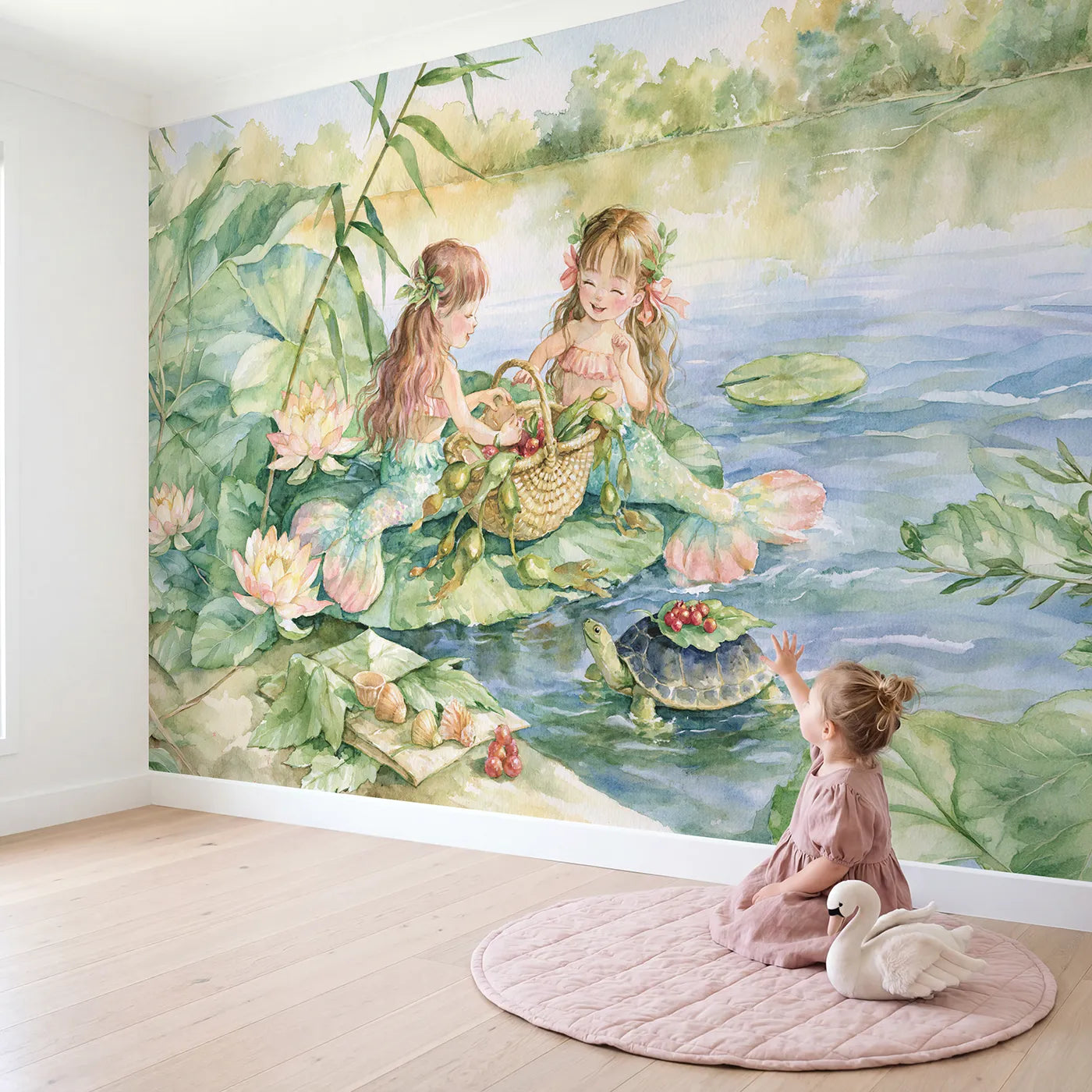 Child in nursery with Mermaid Lagoon Picnic Wallpaper Mural by Whimsy Tots