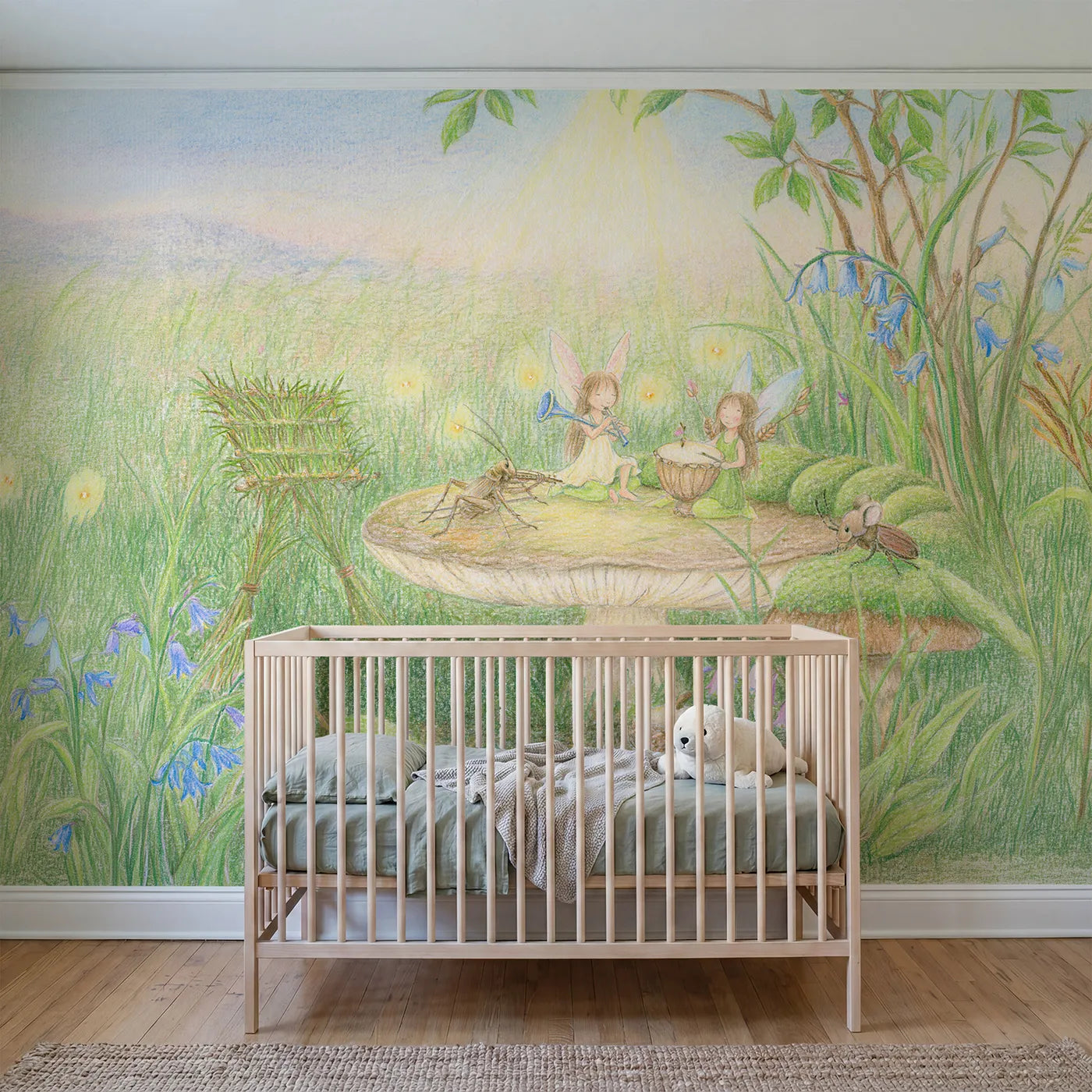 Colored Pencil fairy orchestra on a toadstool stage, mural for a toddler room by Whimsy Tots