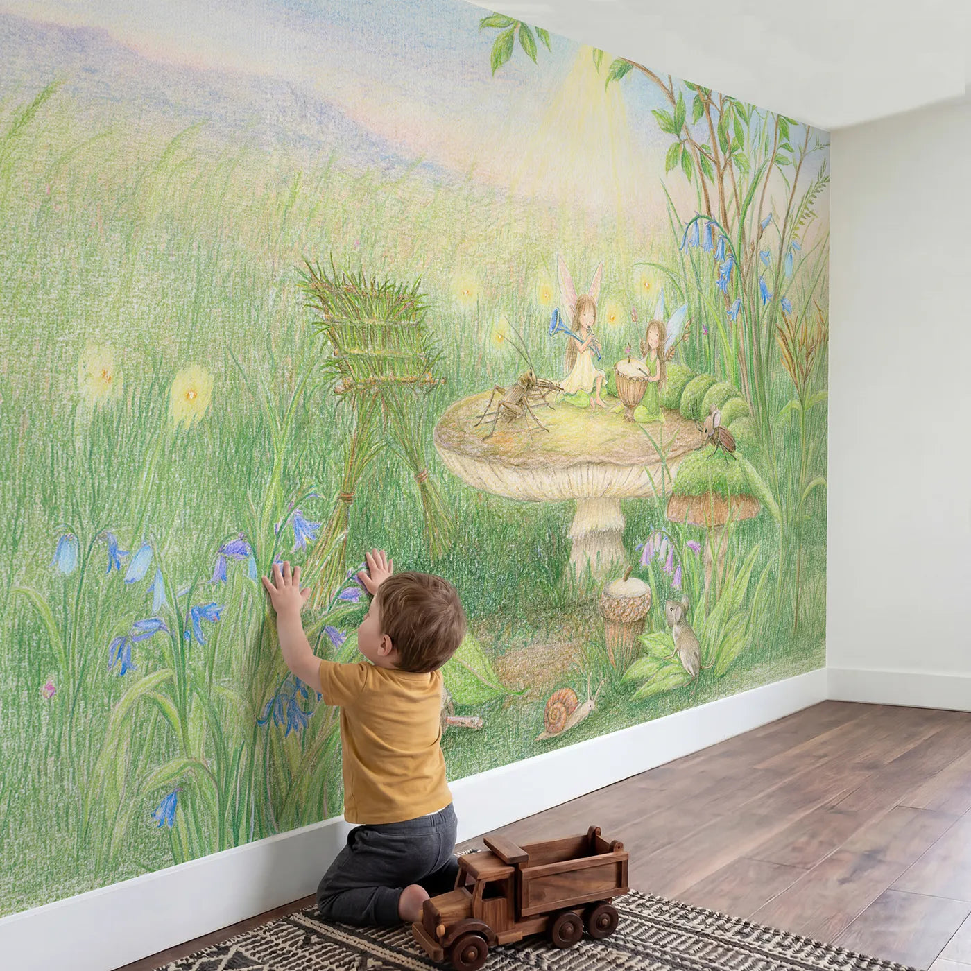 Child in nursery with Fairy Cricket Concert Wallpaper Mural by Whimsy Tots