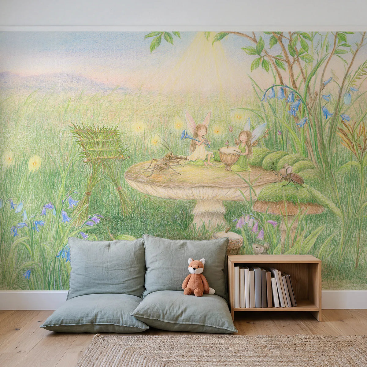 Fairy Cricket Concert Wallpaper Mural in playroom setting by Whimsy Tots