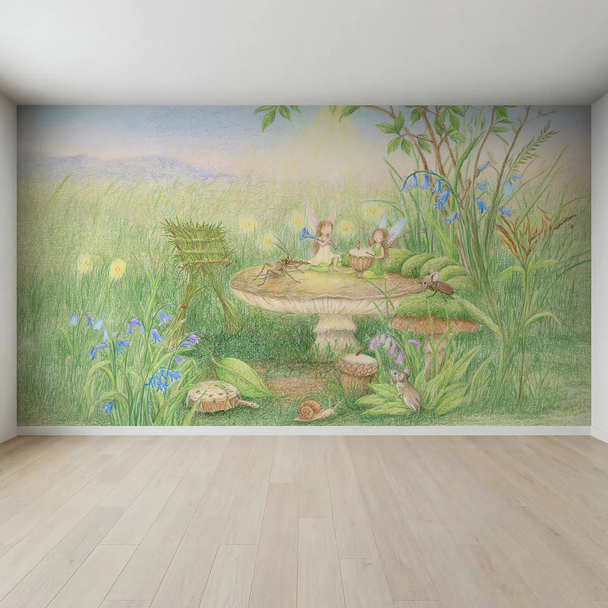 Full view of Fairy Cricket Concert Wallpaper Mural by Whimsy Tots
