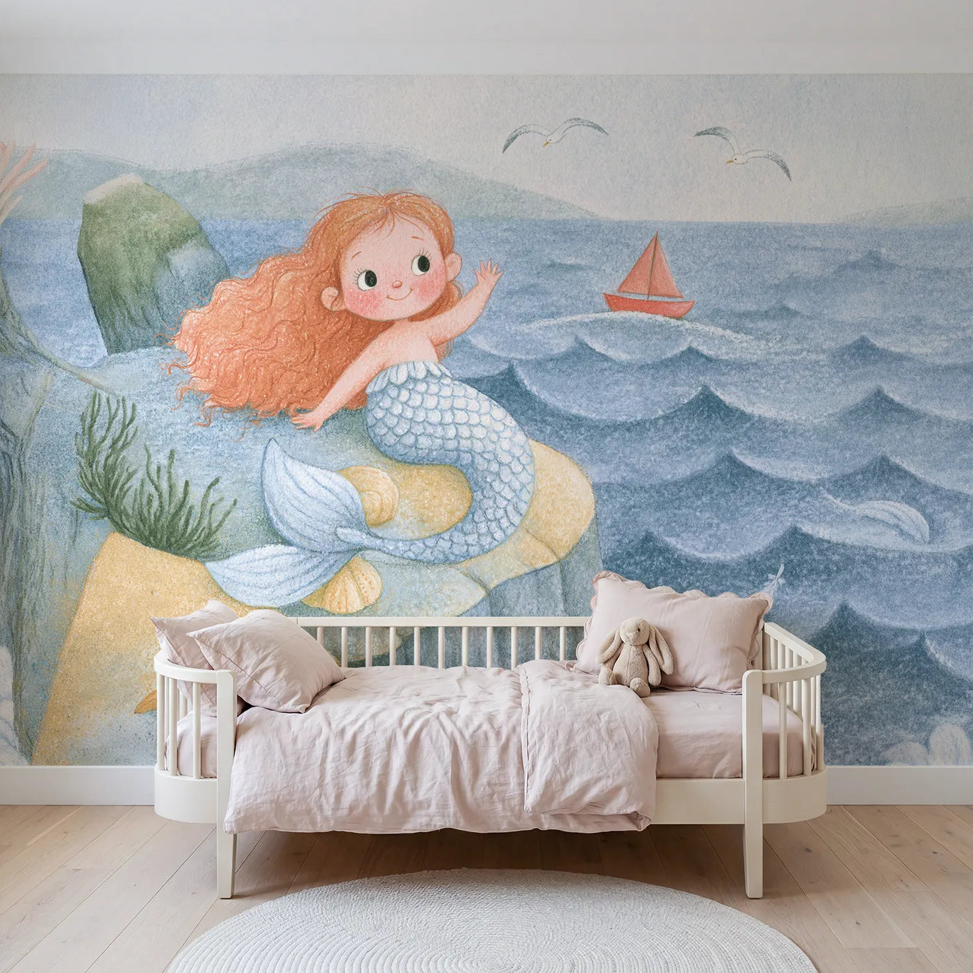 Colored Pencil mermaid waving to a small red sailboat, mural for a bedroom by Whimsy Tots