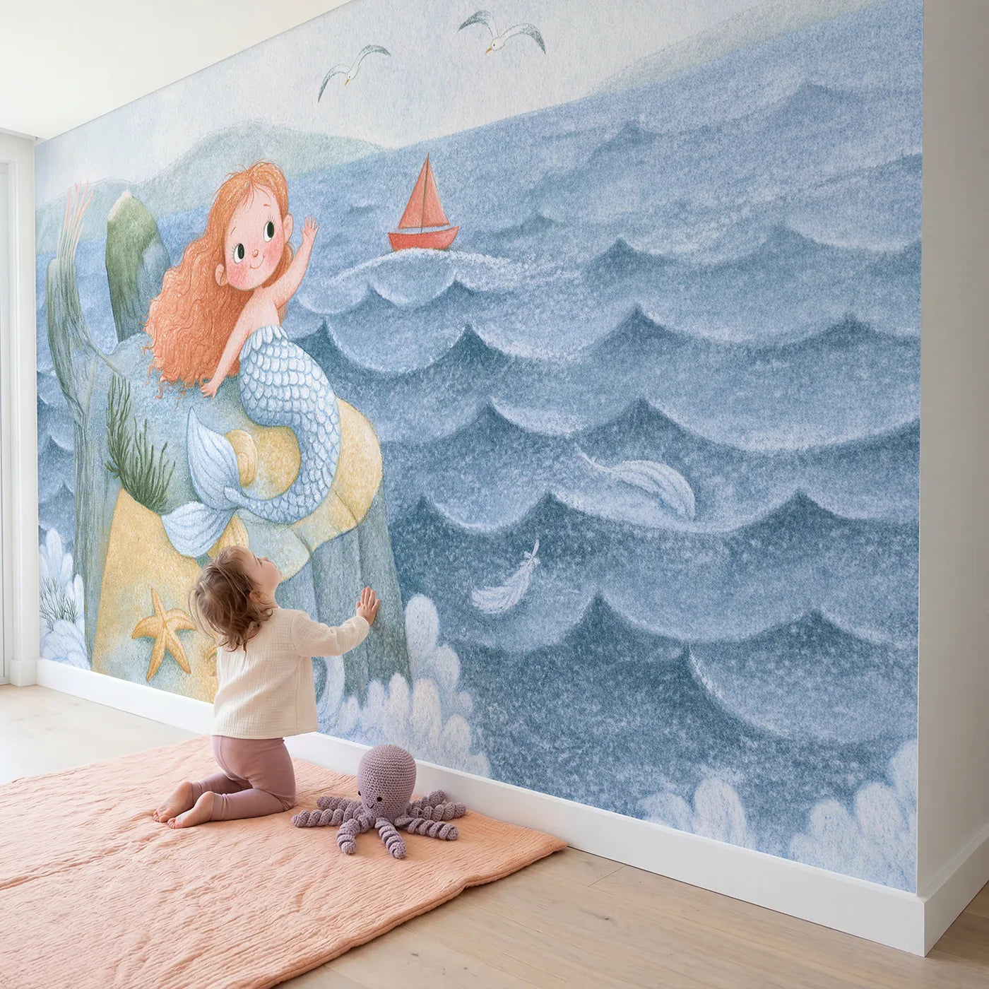 Child in nursery with Mermaid Sailboat Wave Wallpaper Mural by Whimsy Tots