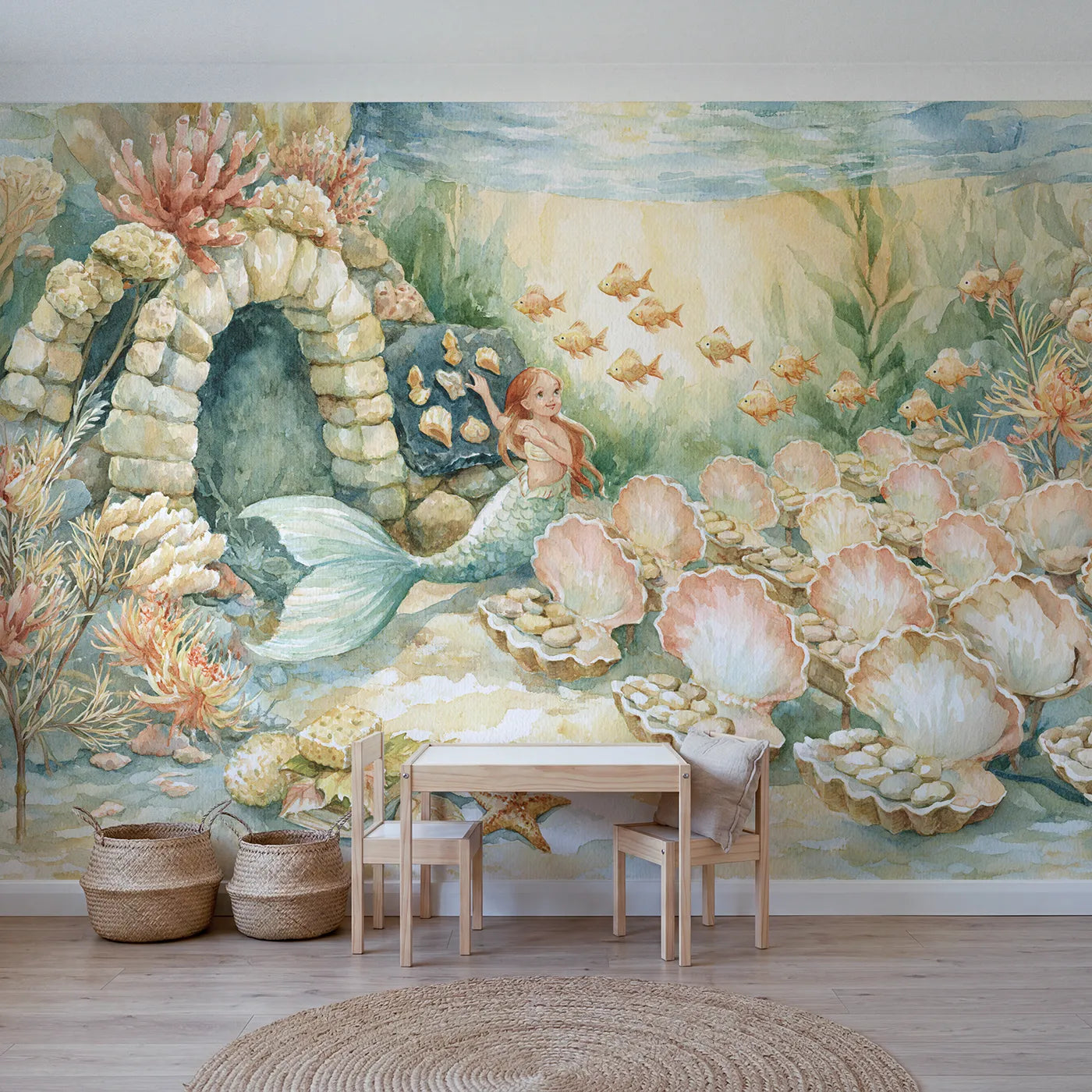 Watercolor mermaid teacher with fish pupils, mural for a big-kid bedroom by Whimsy Tots
