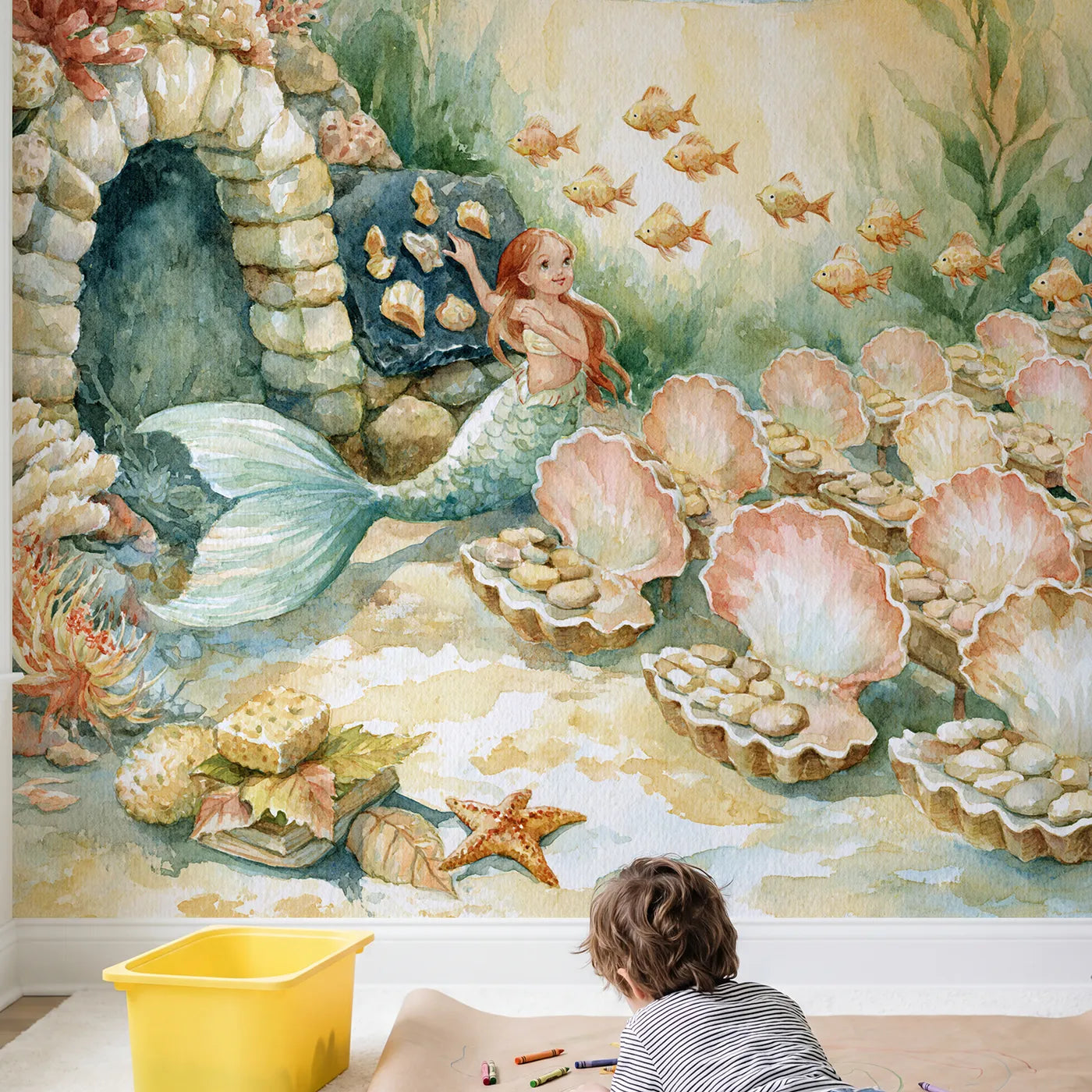 Child in nursery with Mermaid Coral School Wallpaper Mural by Whimsy Tots