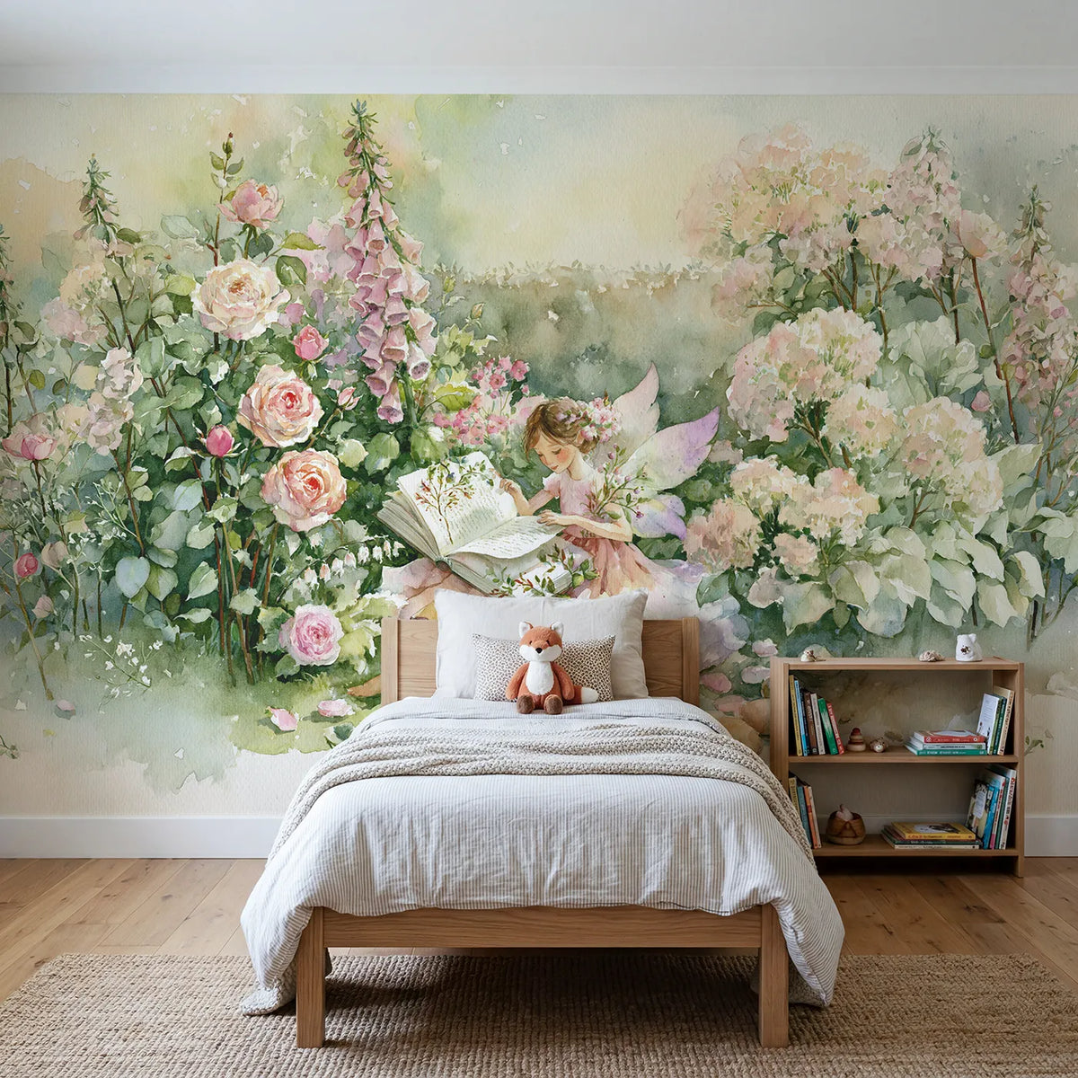 Watercolor wall mural of a fairy reading a botanical book on warm cream by Whimsy Tots