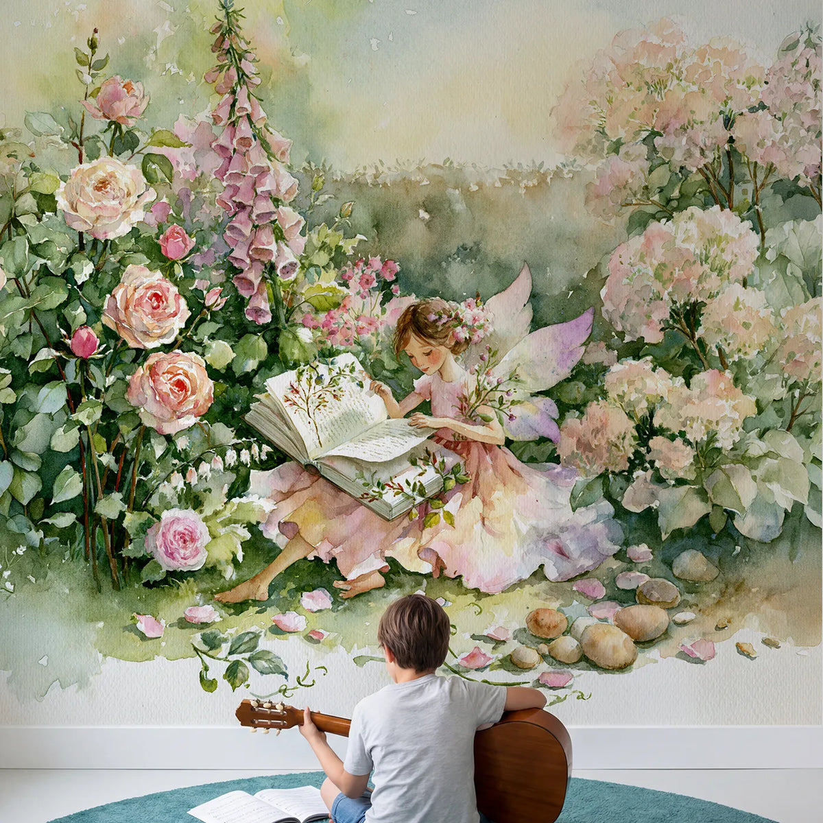 Child in nursery with Fairy Spell Book Wallpaper Mural by Whimsy Tots
