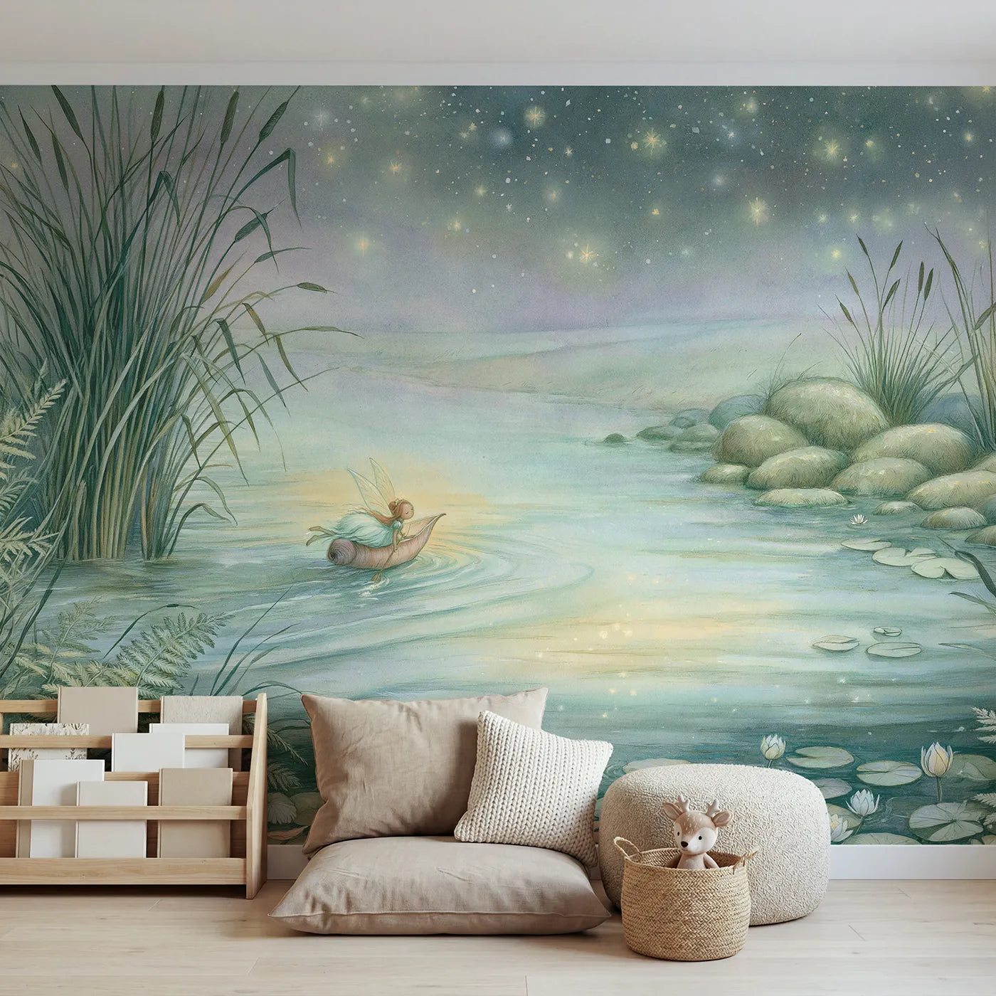 Storybook wall mural of a fairy in a petal boat on cool cream by Whimsy Tots