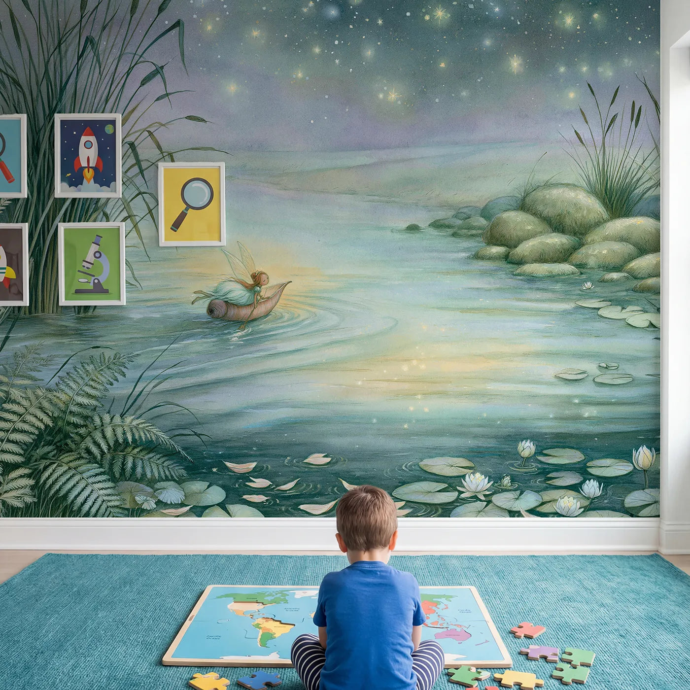 Child in nursery with Fairy Dream Boat Wallpaper Mural by Whimsy Tots