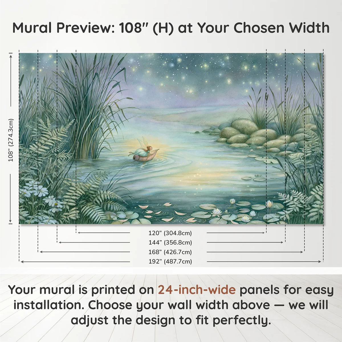 Panel layout and dimensions for Fairy Dream Boat Wallpaper Mural by Whimsy Tots