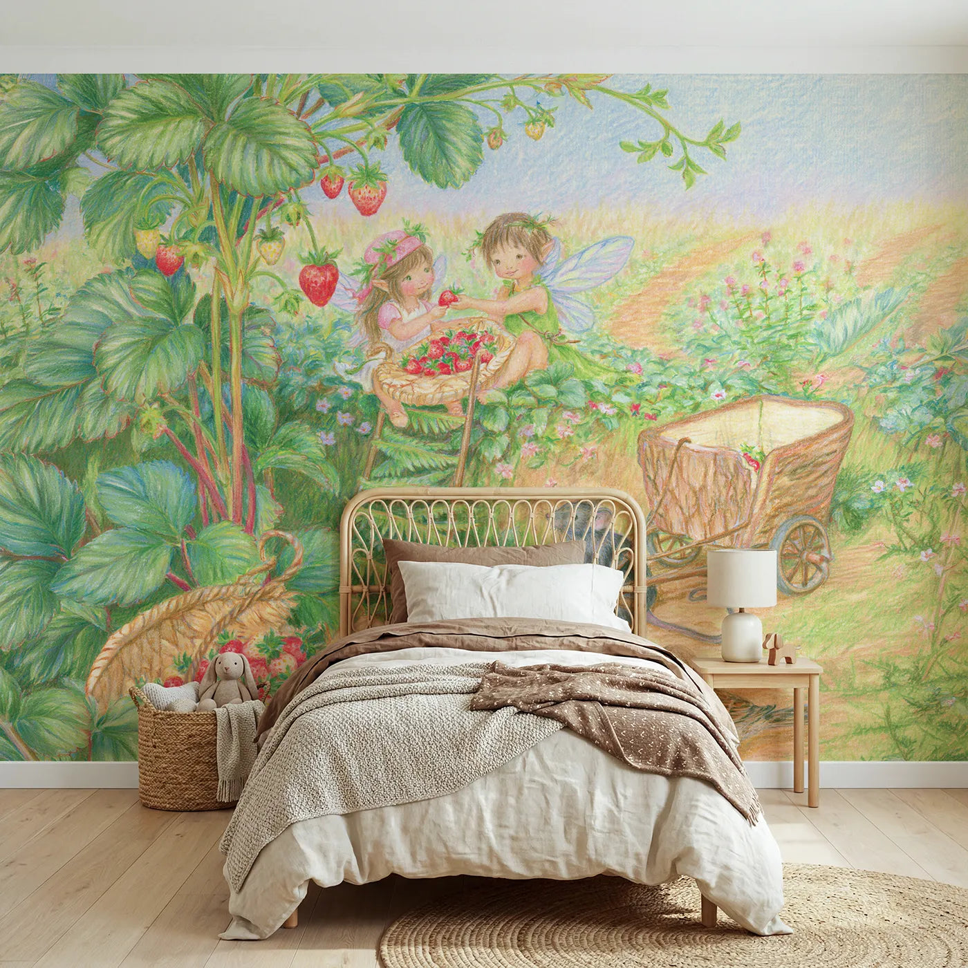 Colored Pencil fairies harvesting strawberries into baskets, mural for a playroom by Whimsy Tots