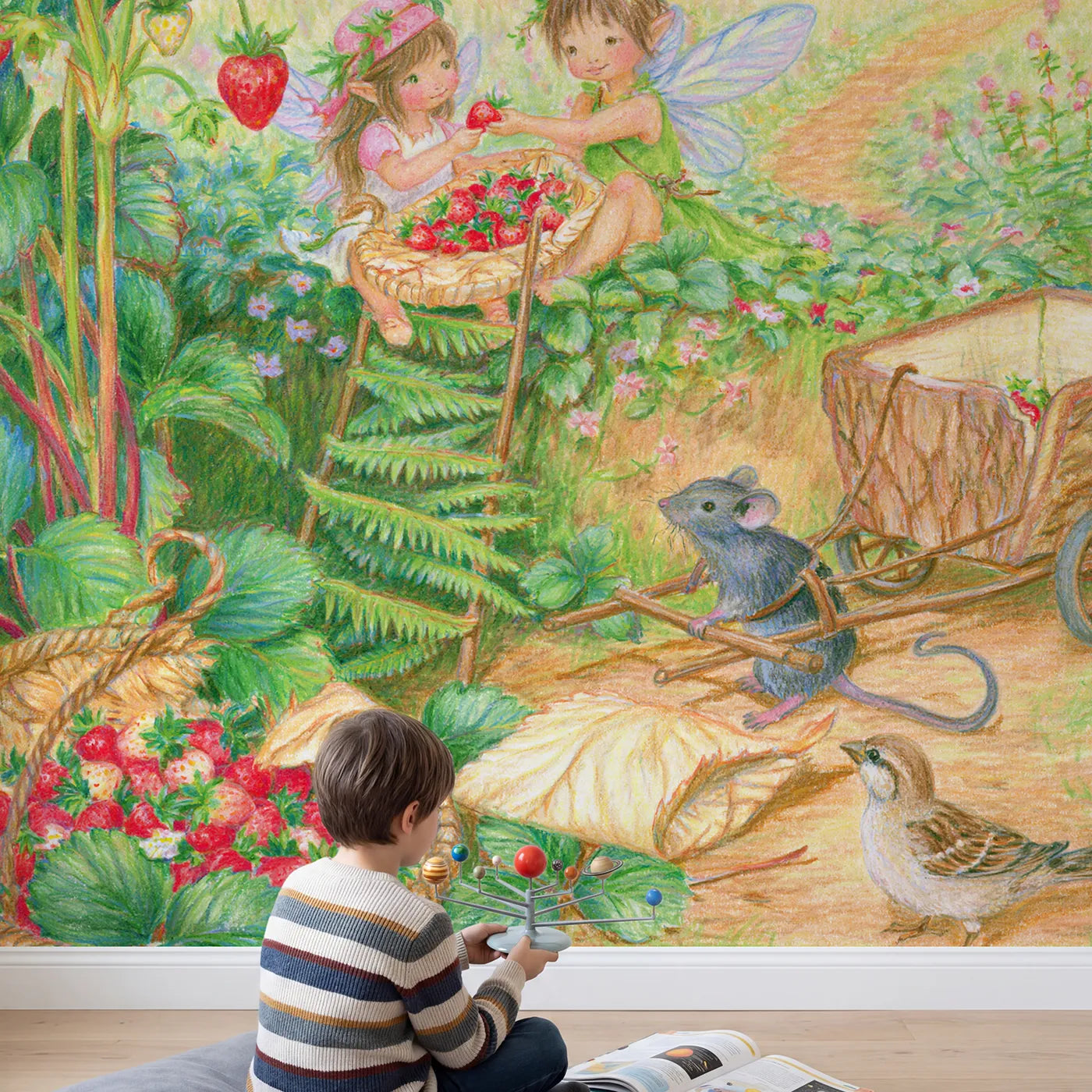 Child in nursery with Fairy Berry Harvest Wallpaper Mural by Whimsy Tots