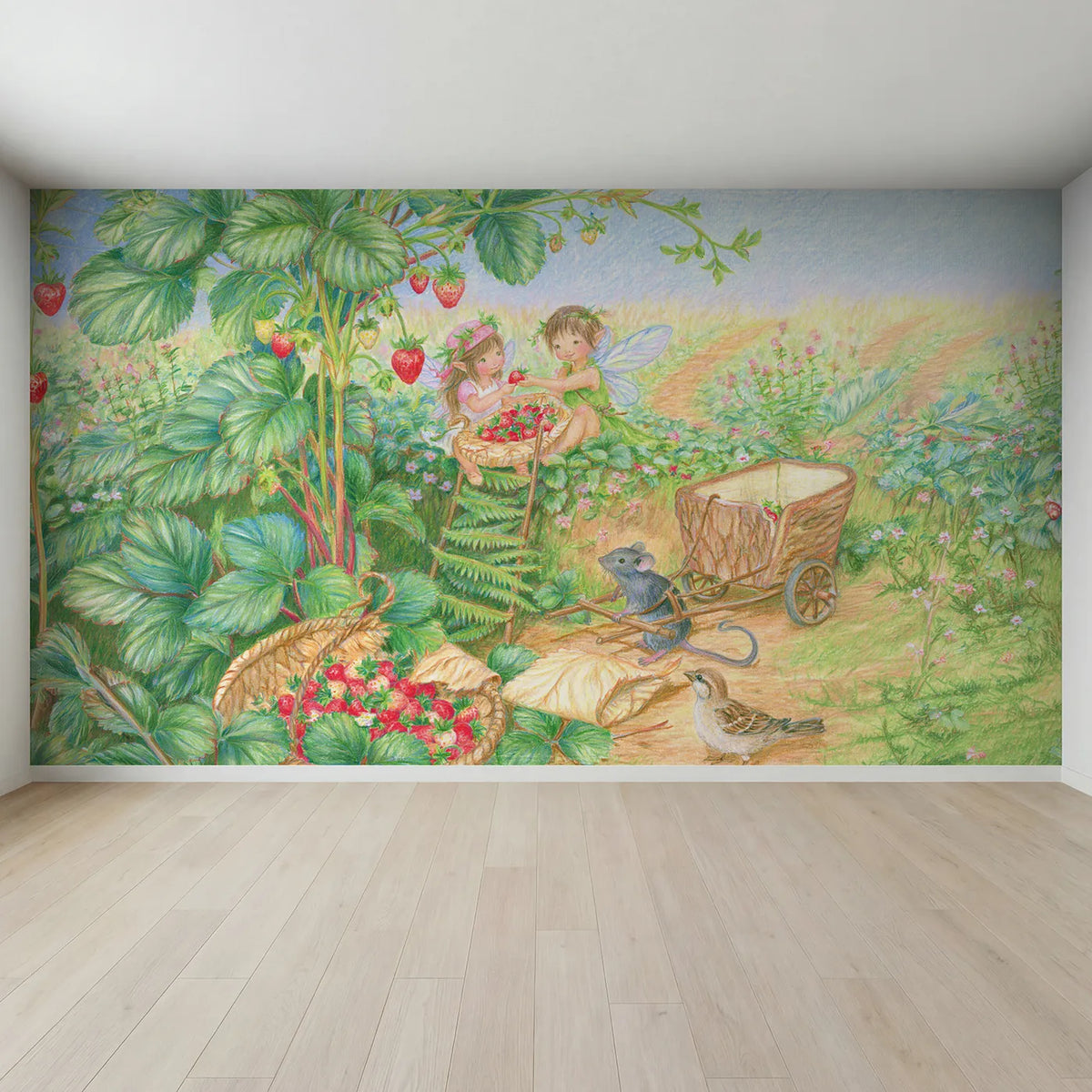 Full view of Fairy Berry Harvest Wallpaper Mural by Whimsy Tots