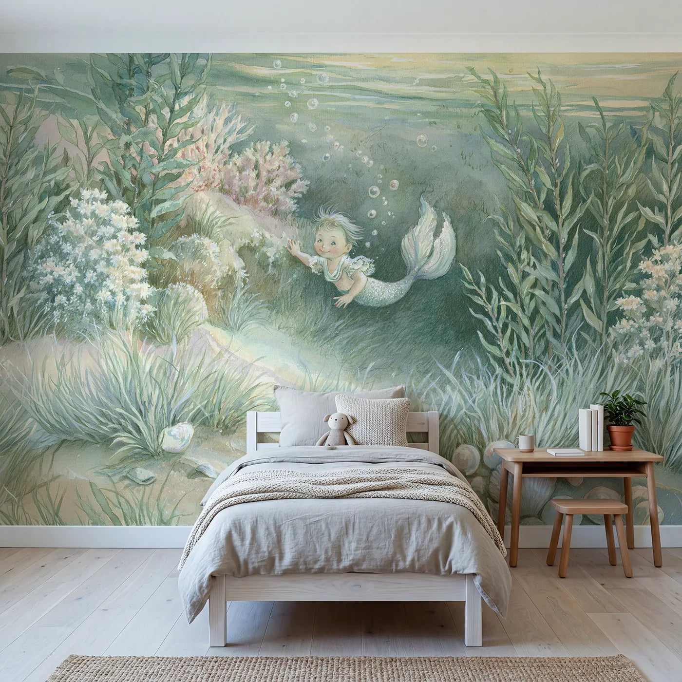 Storybook wall mural of a waving merboy on cool cream by Whimsy Tots
