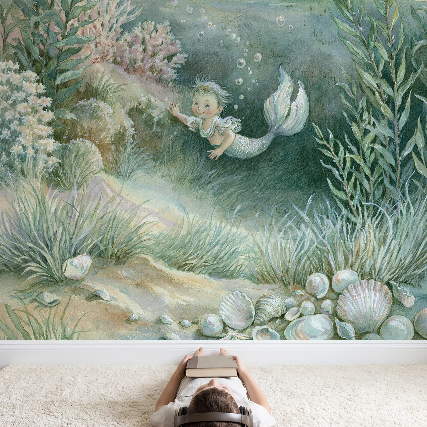 Child in nursery with Little Merboy Friend Wallpaper Mural by Whimsy Tots