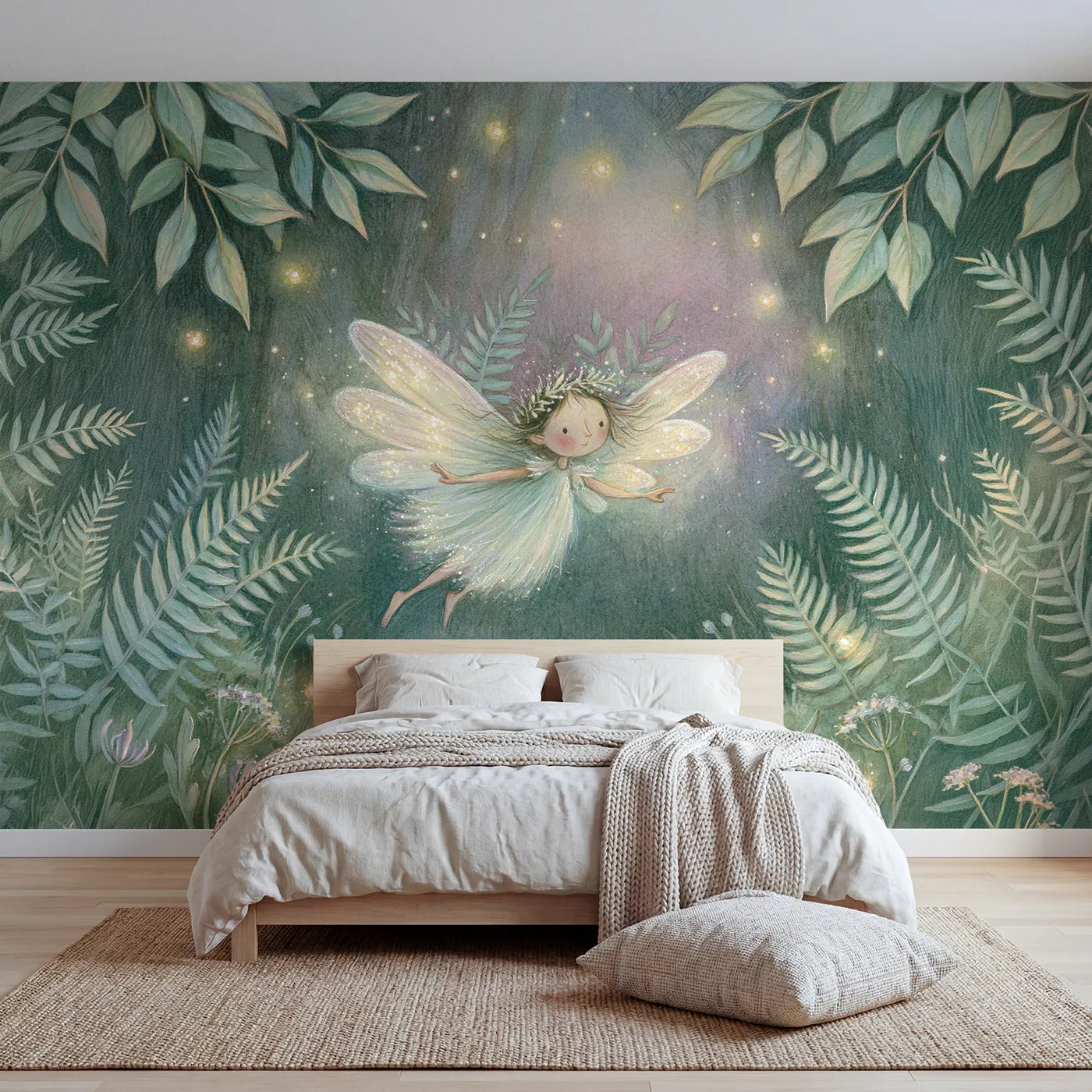 Storybook wall mural of a firefly fairy glowing on cool cream by Whimsy Tots