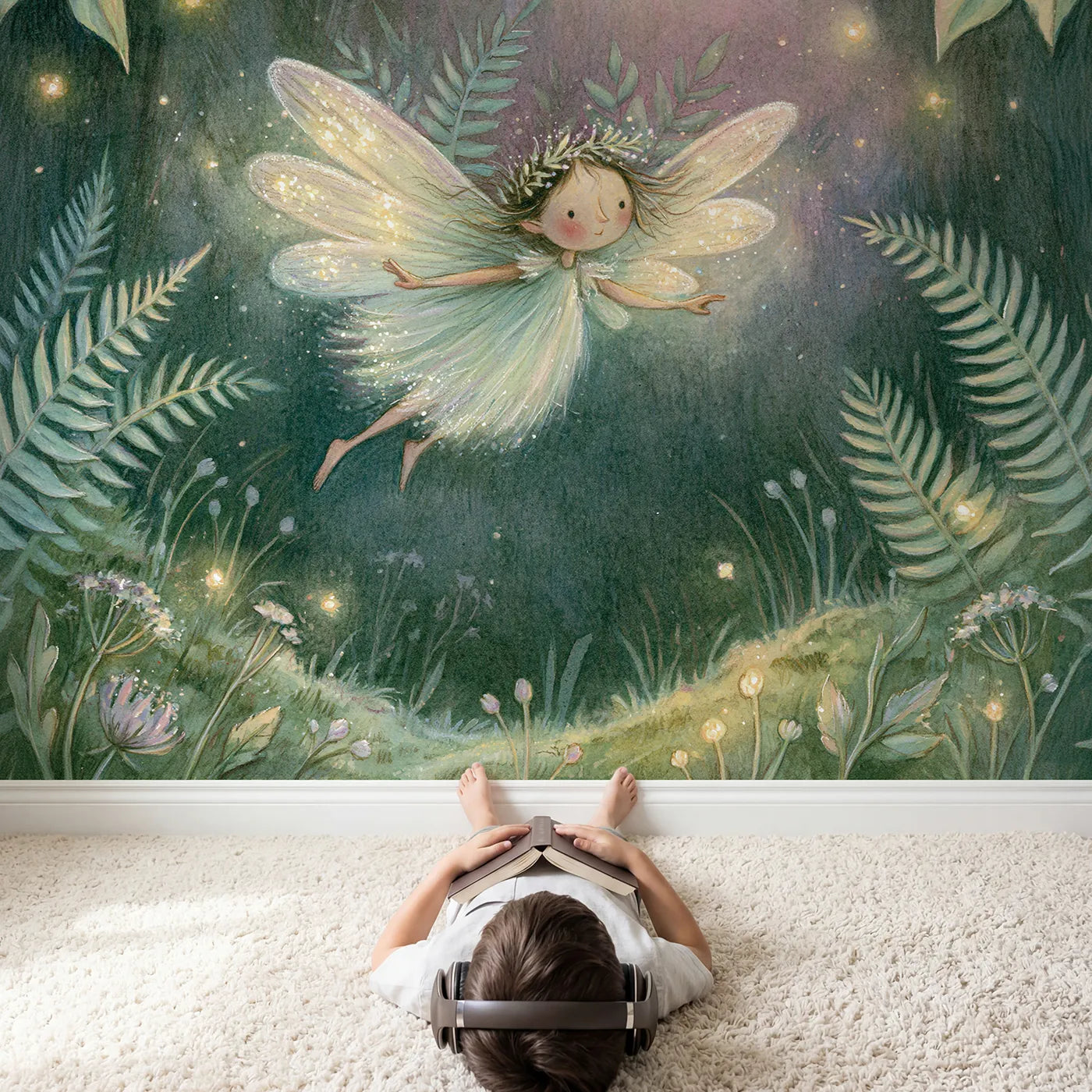 Child in nursery with Gentle Firefly Fairy Wallpaper Mural by Whimsy Tots