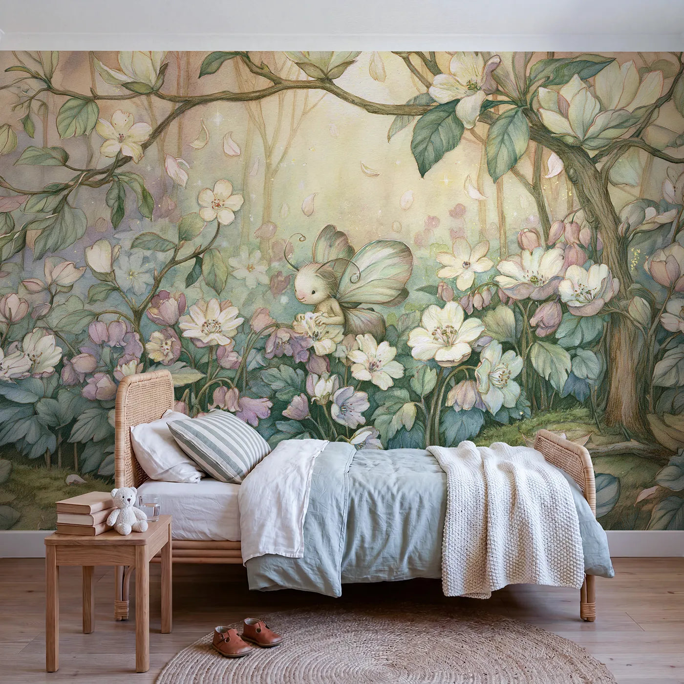 Storybook wall mural of a little flower sprite on cool cream by Whimsy Tots
